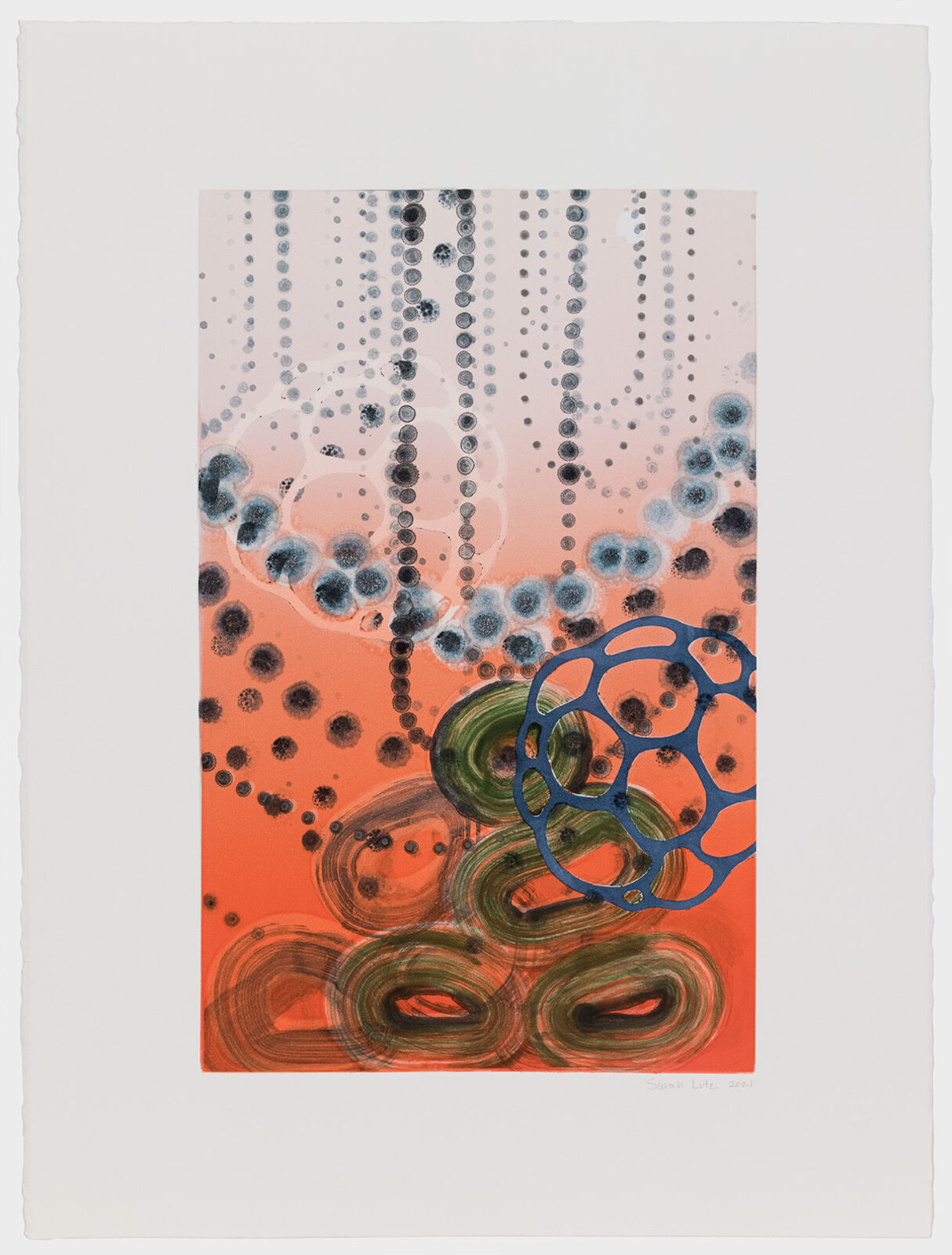 A vertical abstract print featuring a layered composition of organic shapes, cellular patterns, and geometric forms against a warm gradient background.