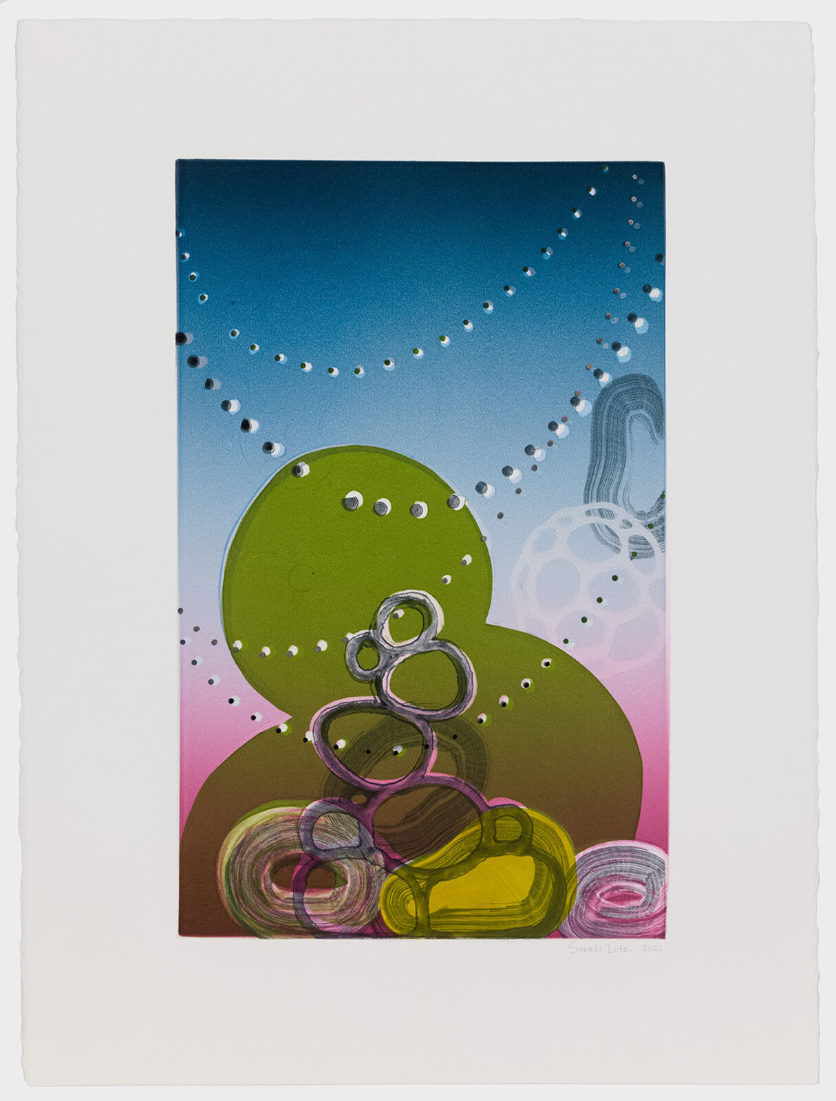 A vibrant abstract composition featuring a large green organic shape against a gradient blue and pink background.