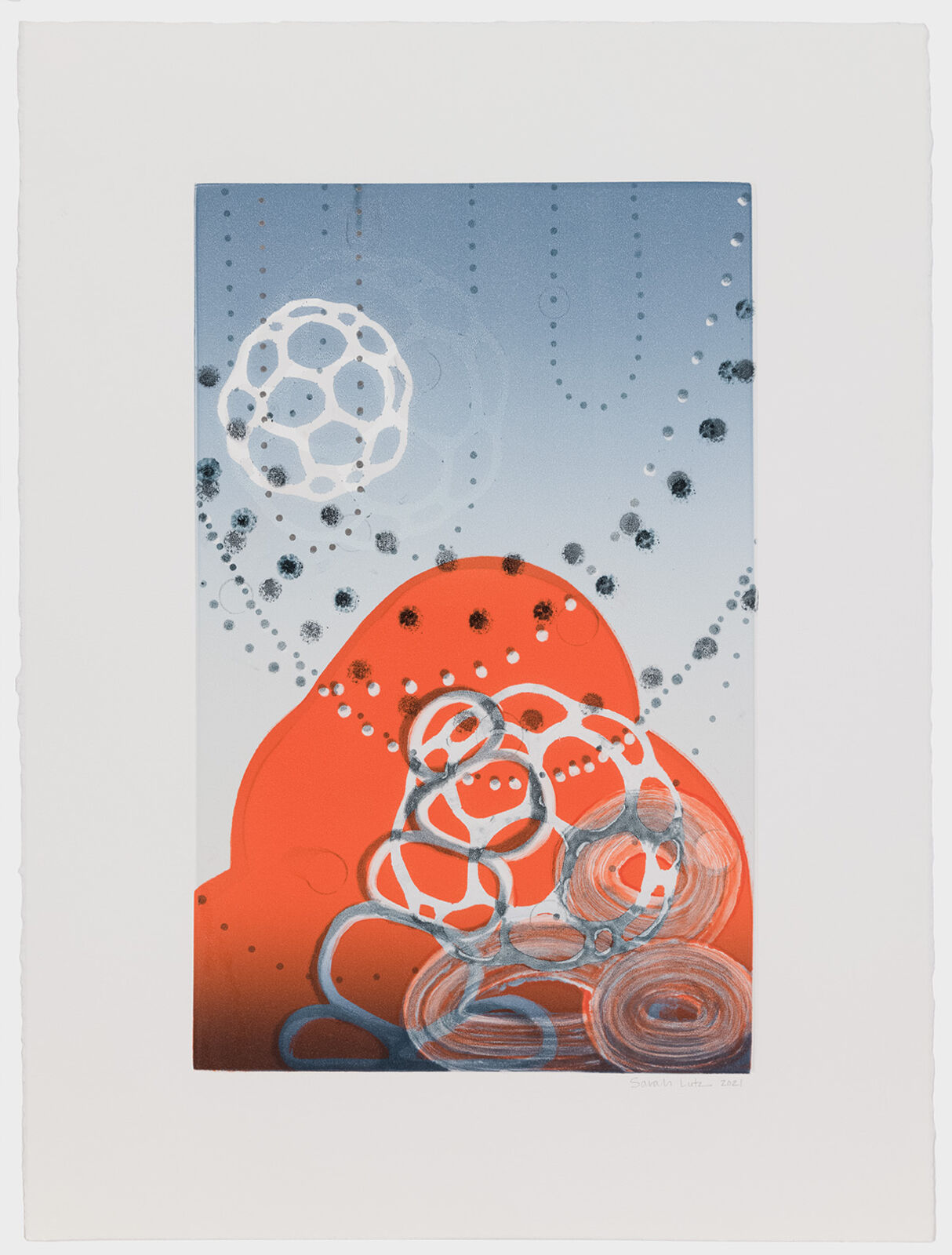 A vibrant abstract print featuring a large orange mound with white and grey organic shapes against a blue background.