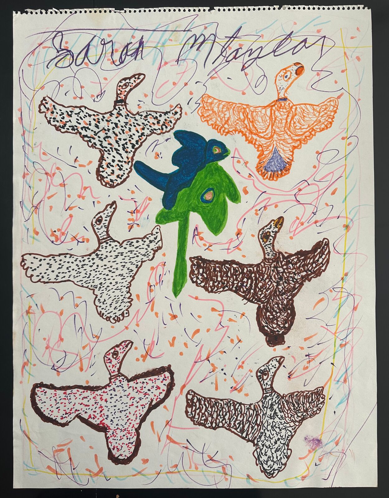 A drawing of a group of birds flying in the air.