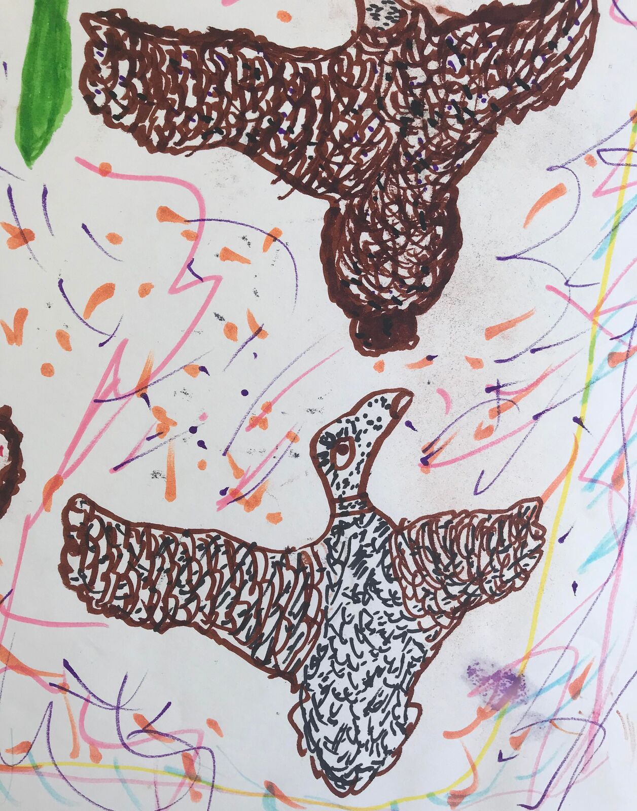 A drawing of a group of birds flying in the air.