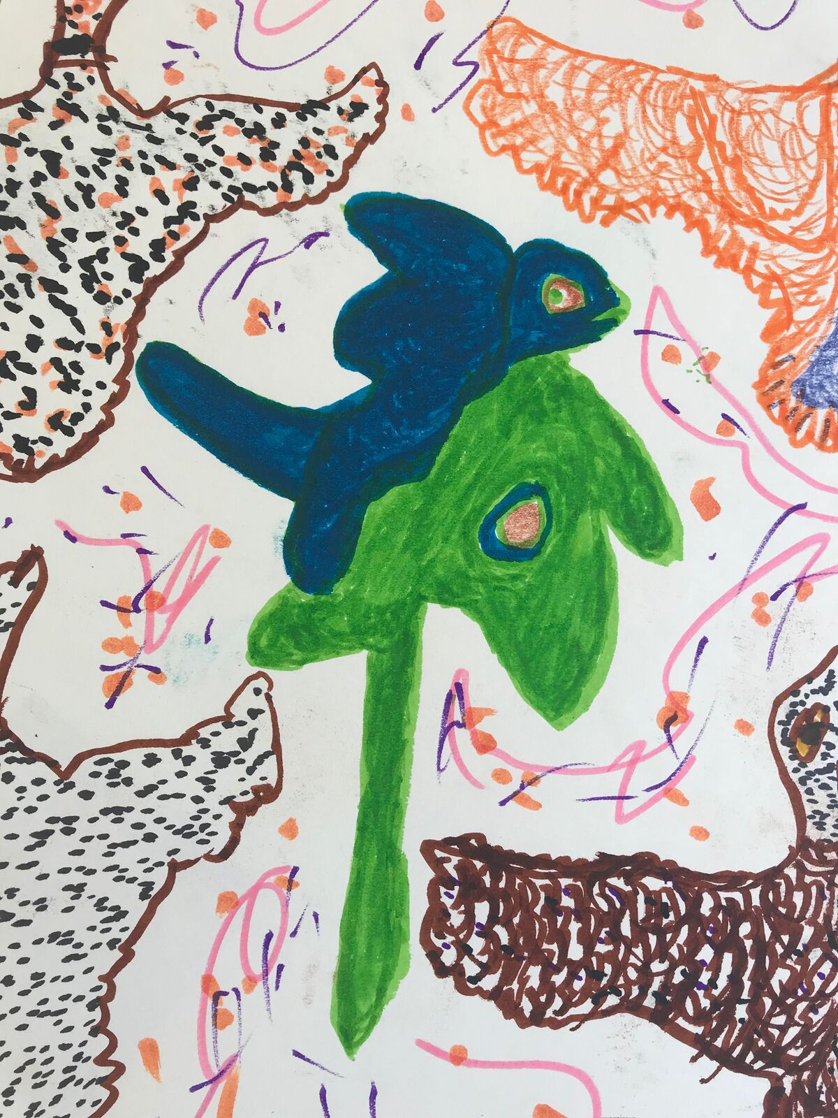 A drawing of a group of birds flying in the air.