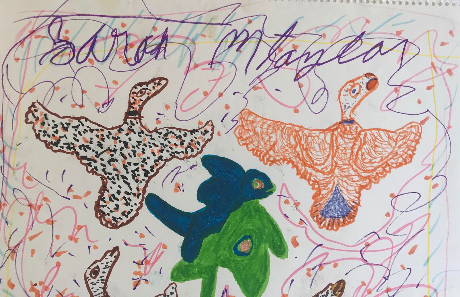 A drawing of a group of birds flying in the air.