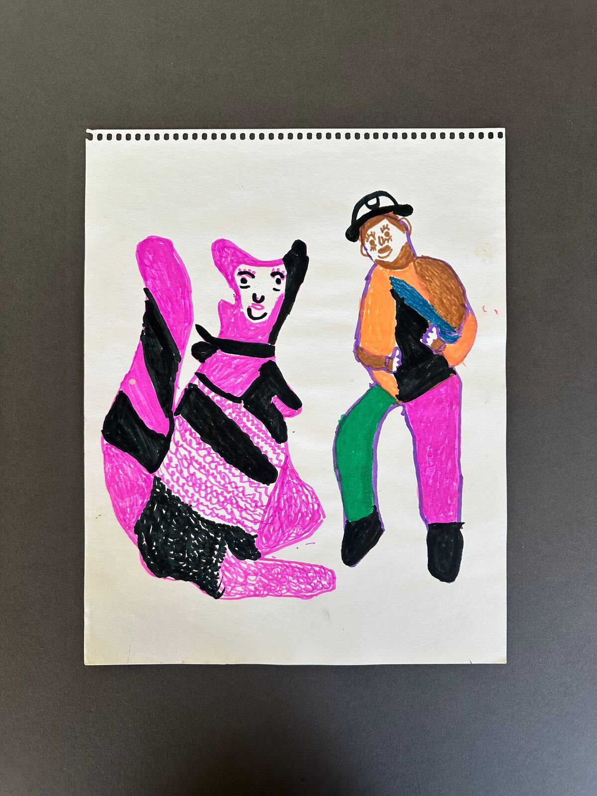 Artwork by Sarah Mary Taylor, Untitled (man in hat with large animal), Made of Felt tip marker on paper 