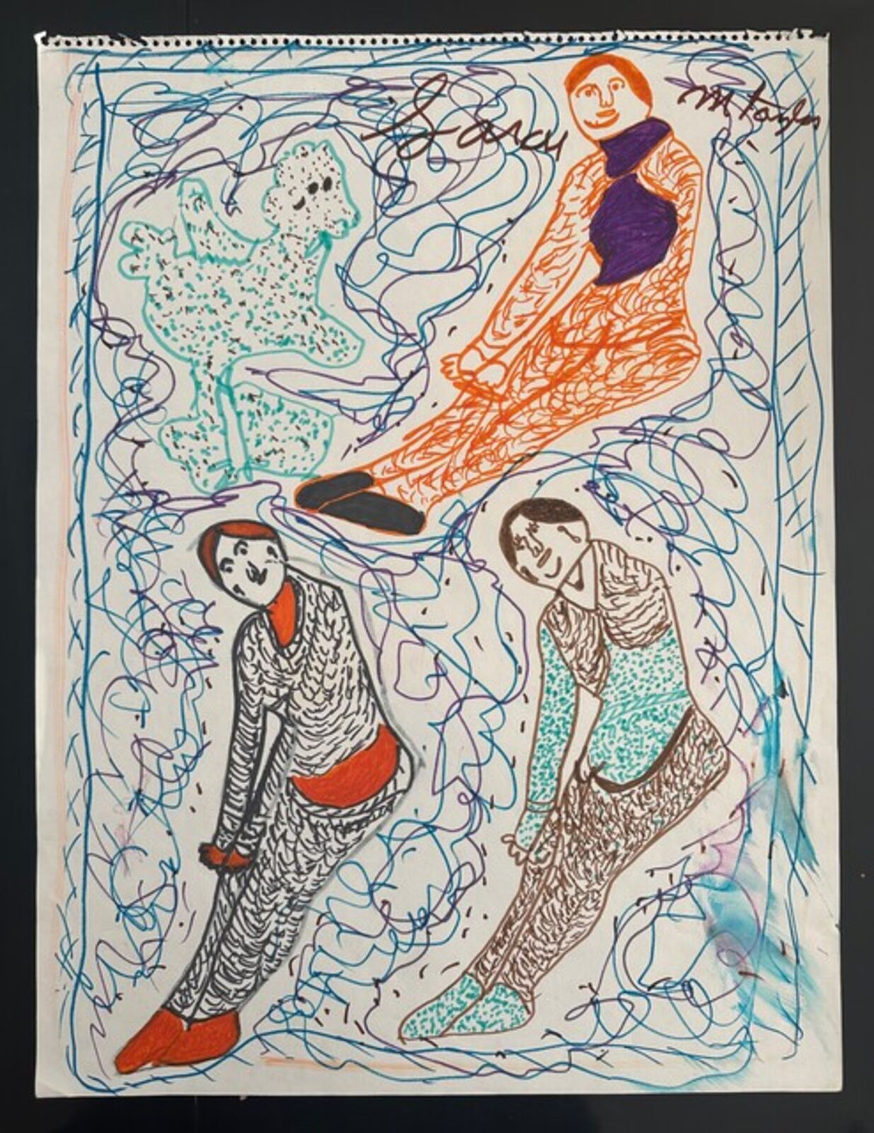 A drawing of three people sitting on top of each other.