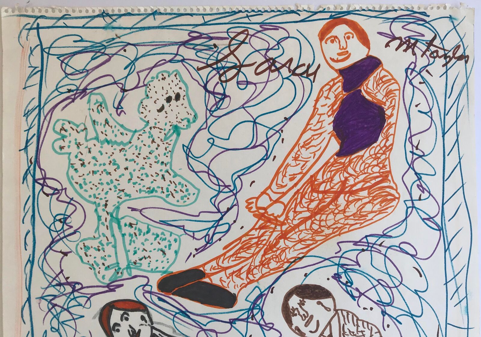 A drawing of three people sitting on top of each other.