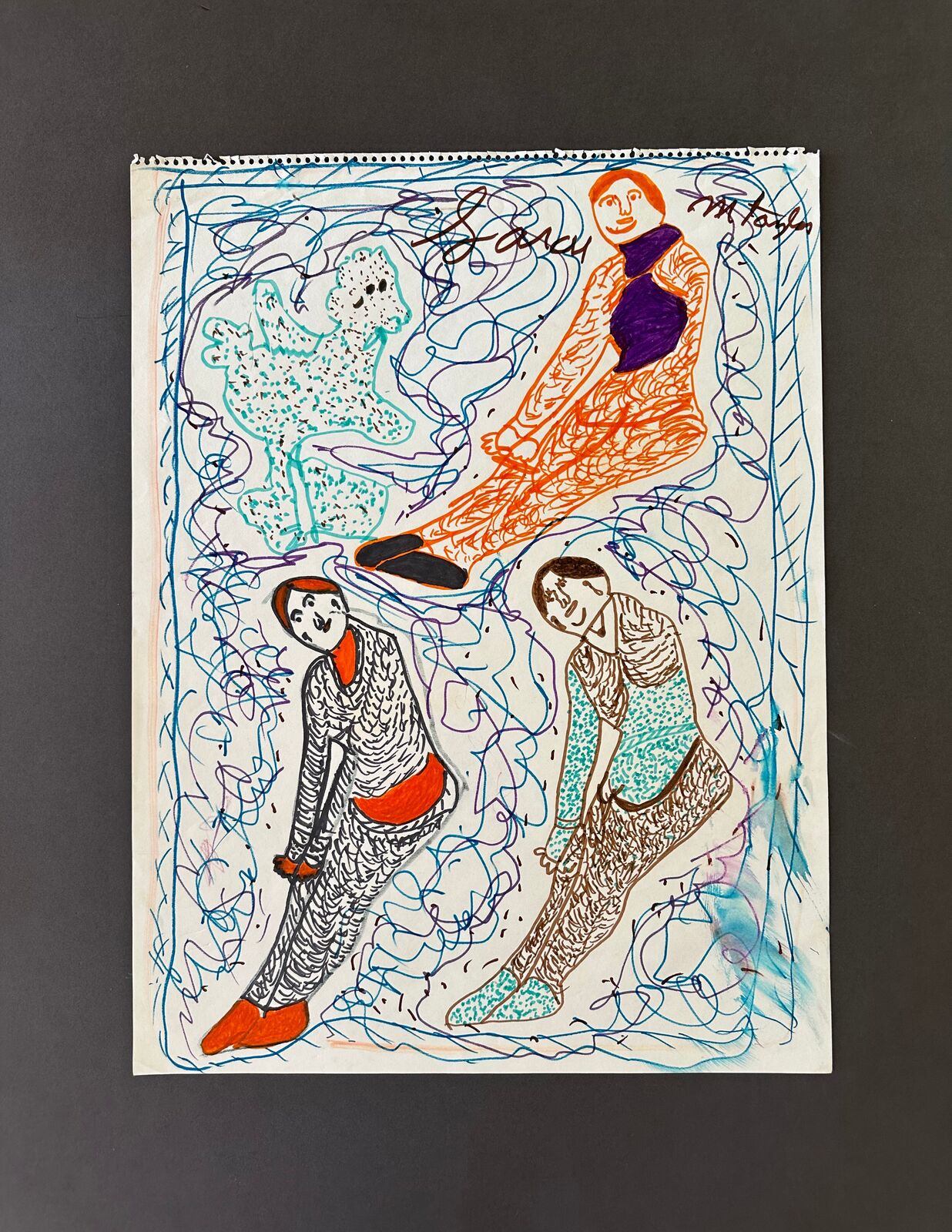 A drawing of three people sitting on top of each other.