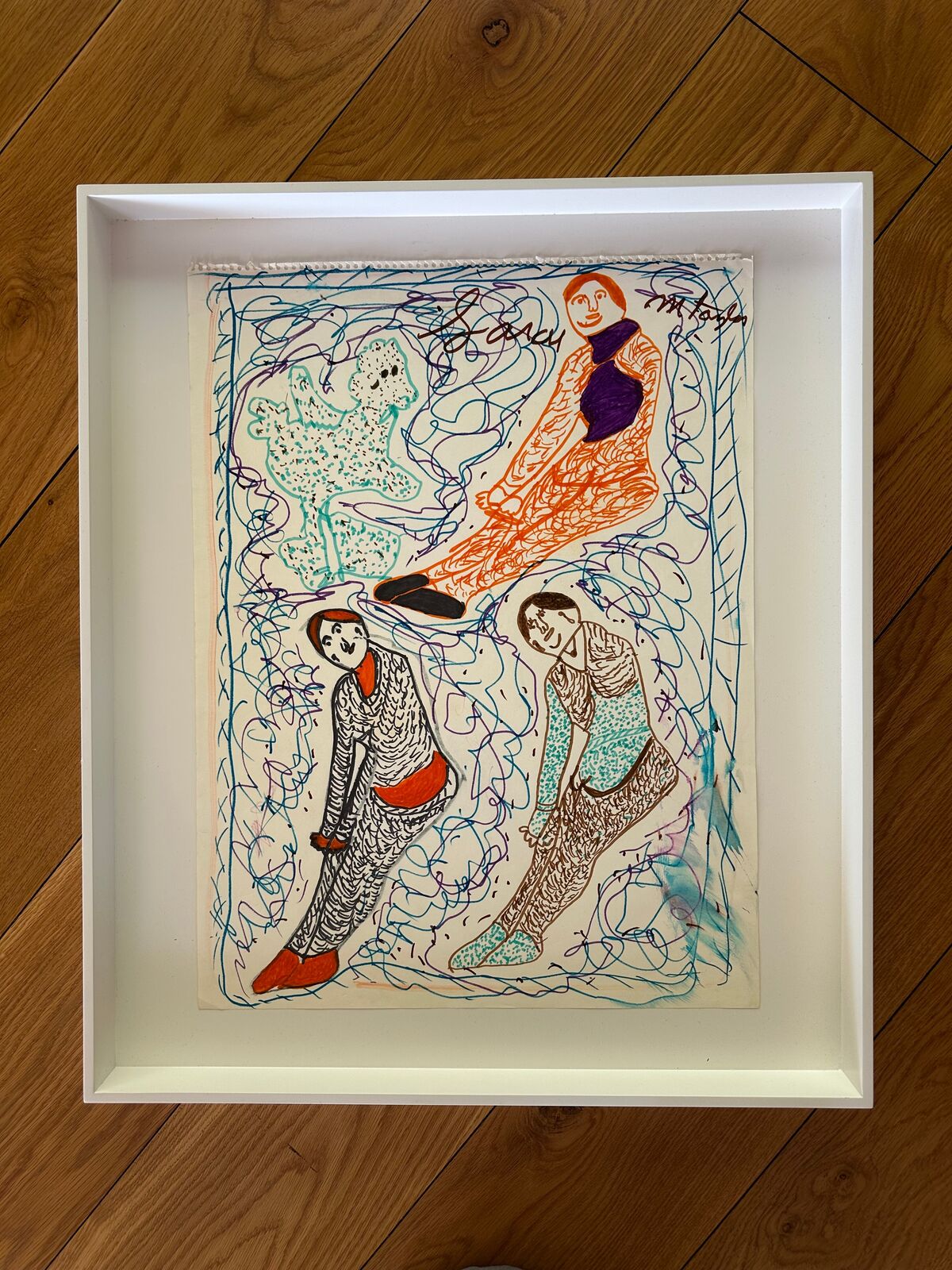 A drawing of three people sitting on top of each other.