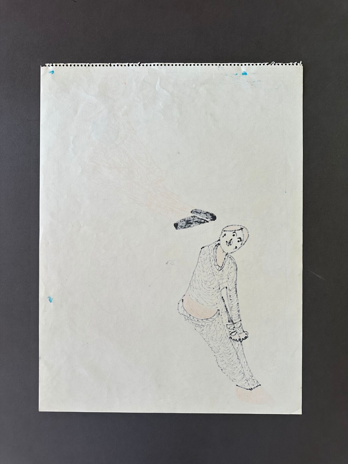 A drawing of three people sitting on top of each other.