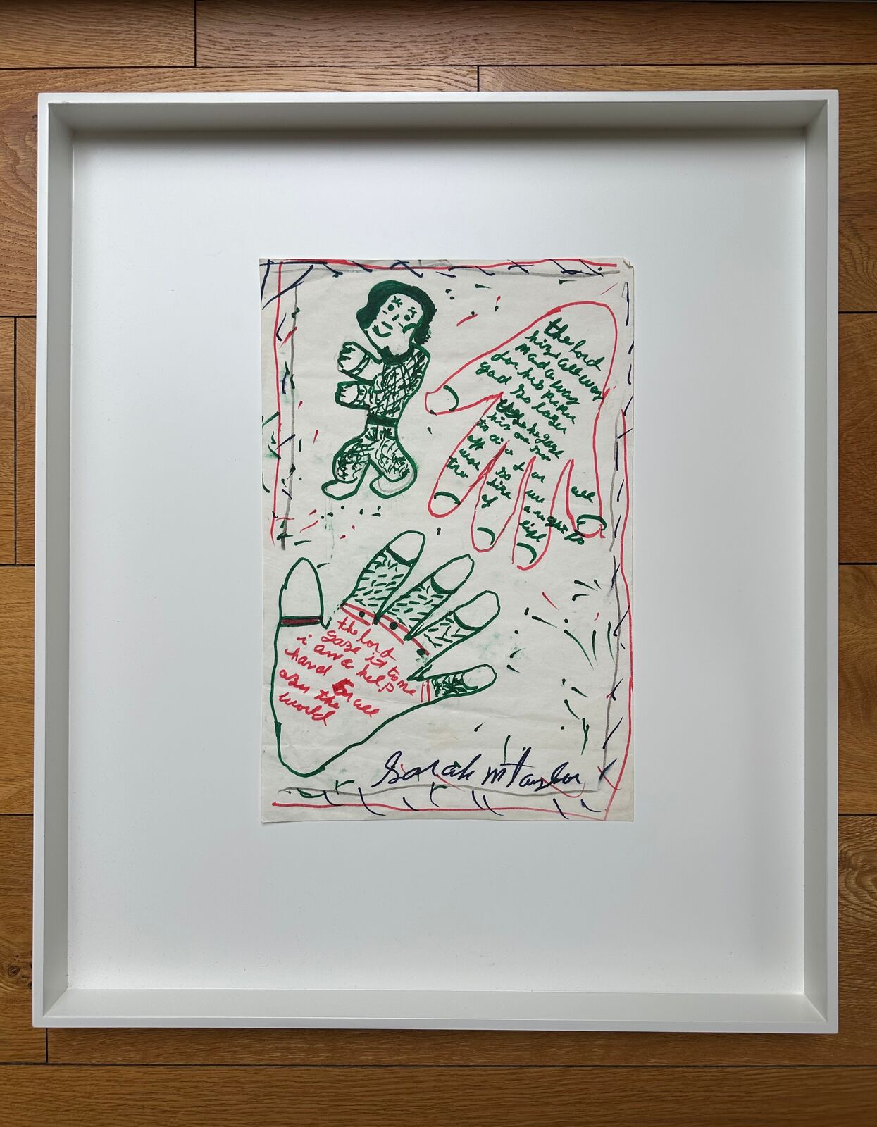 Artwork by Sarah Mary Taylor, Untitled (two hands and a figure), Made of Felt tip marker on paper 