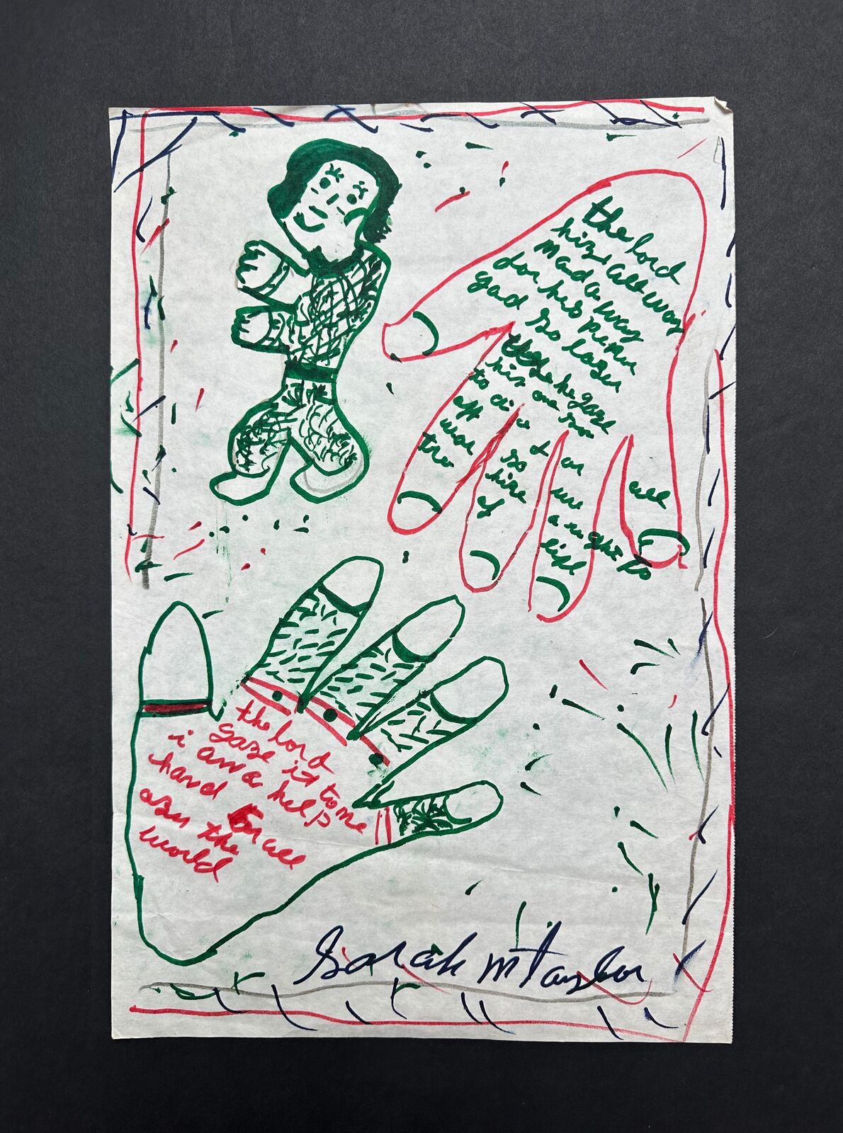 Artwork by Sarah Mary Taylor, Untitled (two hands and a figure), Made of Felt tip marker on paper 