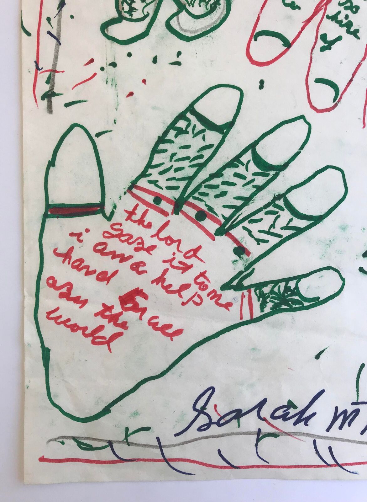 Artwork by Sarah Mary Taylor, Untitled (two hands and a figure), Made of Felt tip marker on paper 