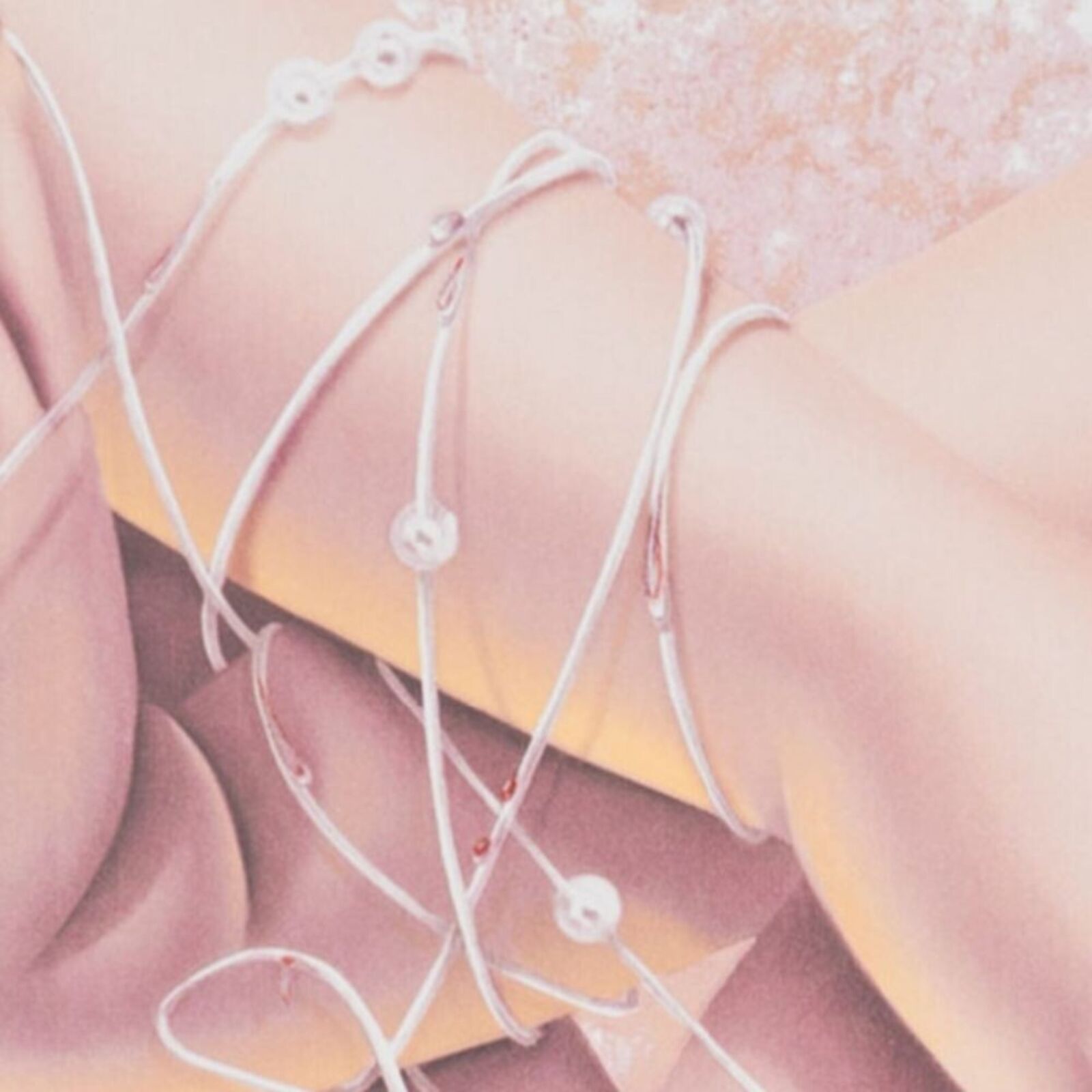 A painting of a woman's hands on a pink background.