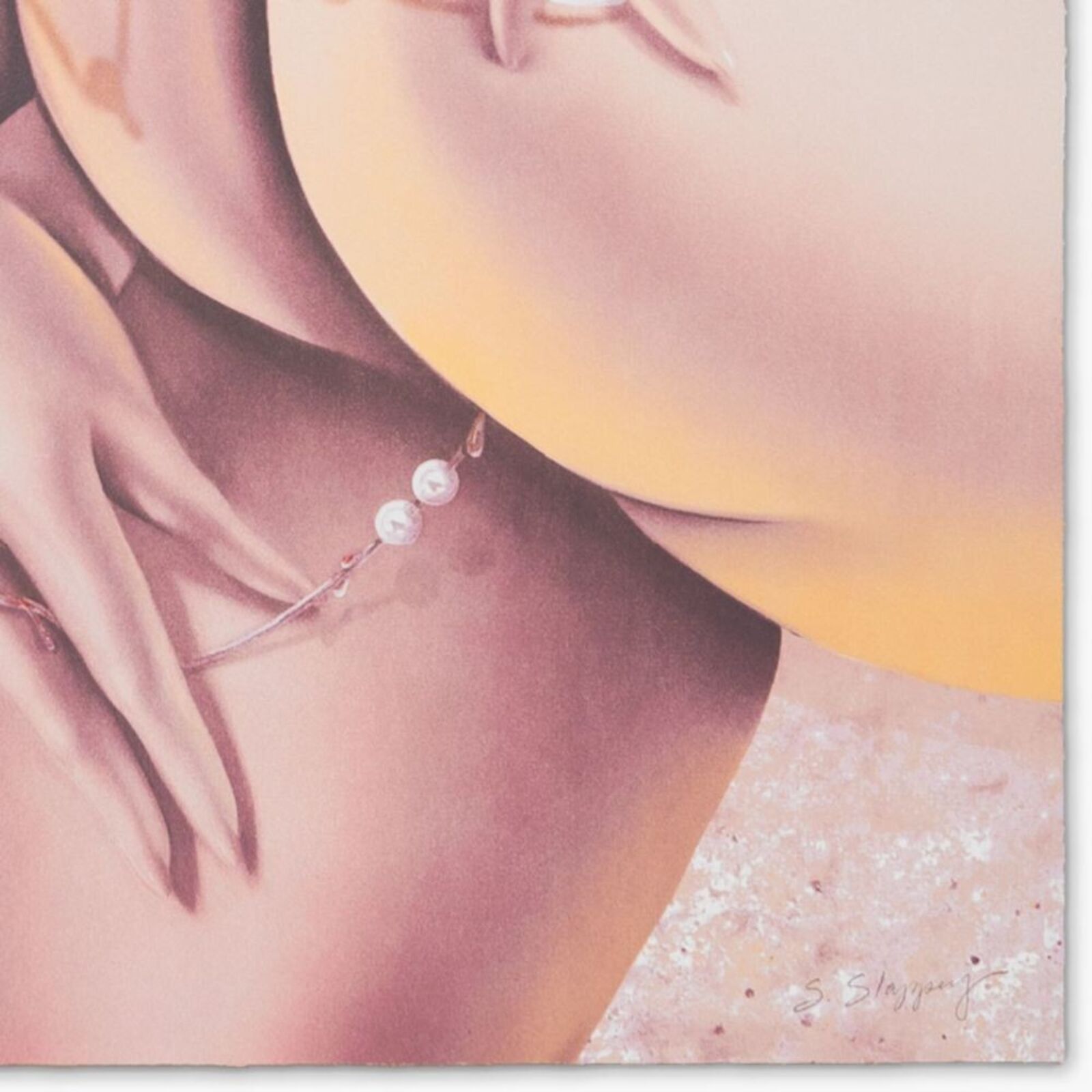 A painting of a woman's hands on a pink background.