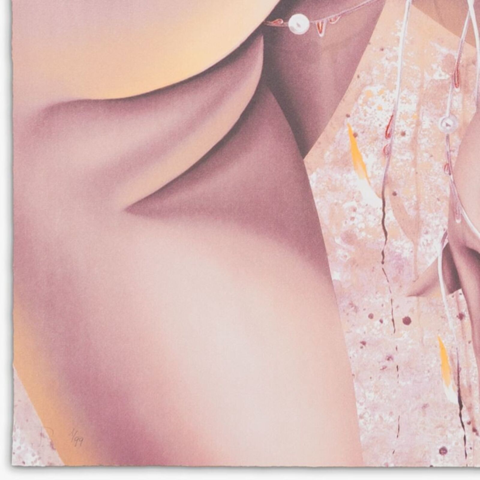 A painting of a woman's hands on a pink background.