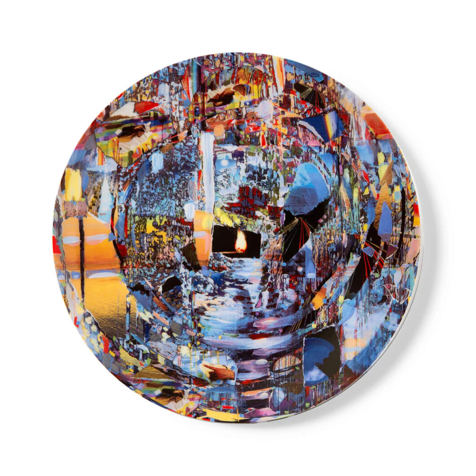 A circular painting of a cityscape on a white background.