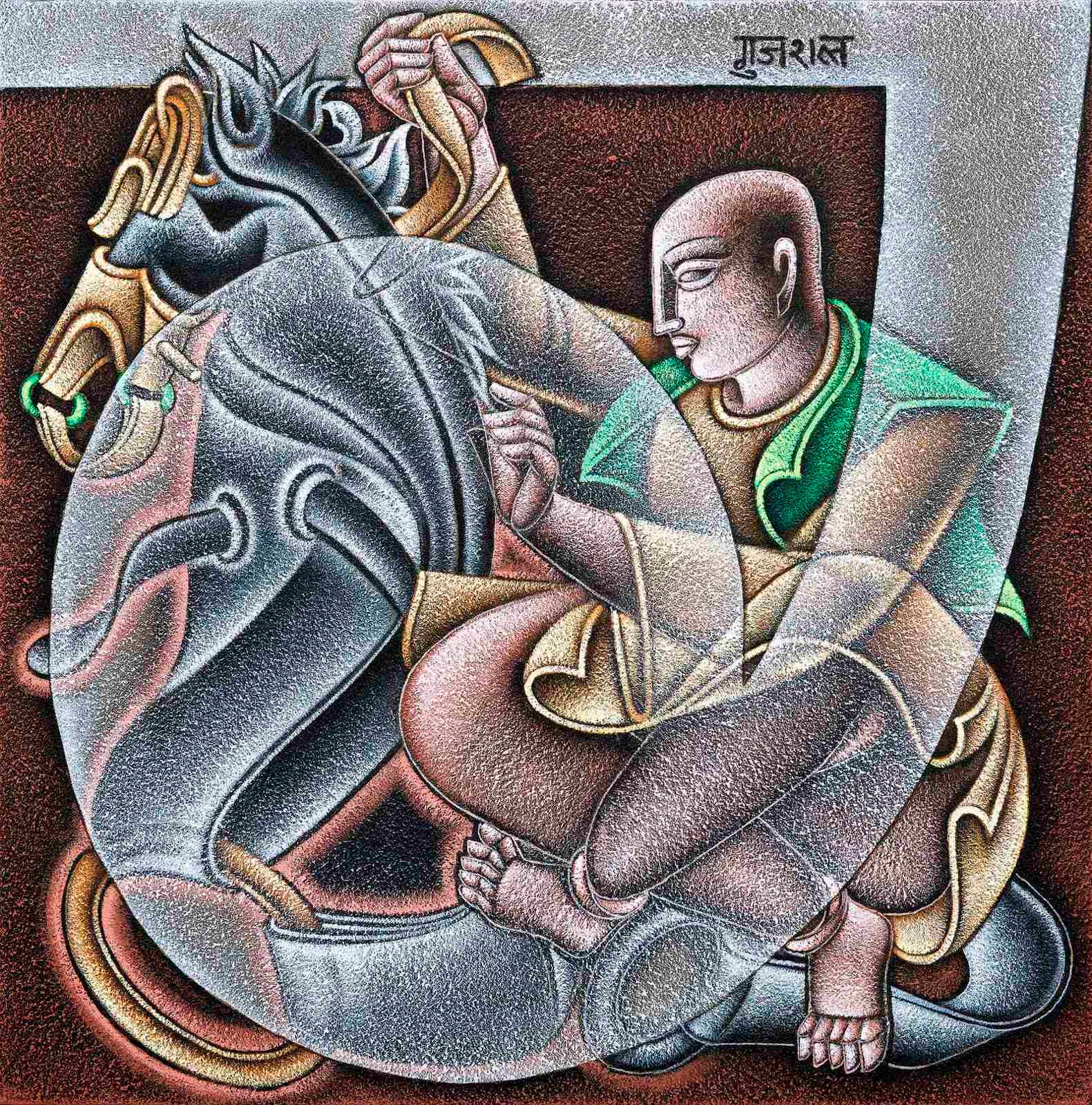 A painting of a buddhist monk sitting on the ground next to a dragon.