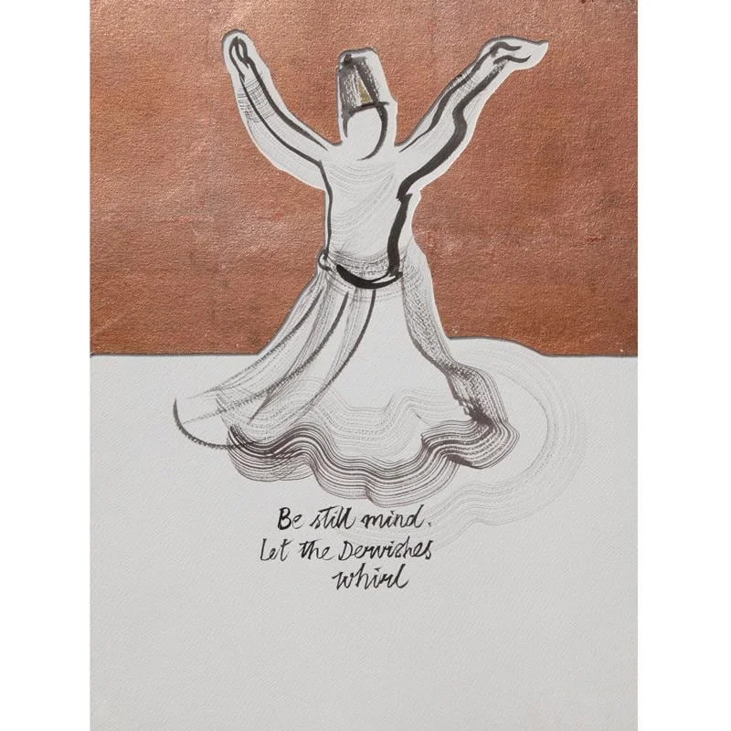 A sketch of a whirling figure with a copper background and white foreground.