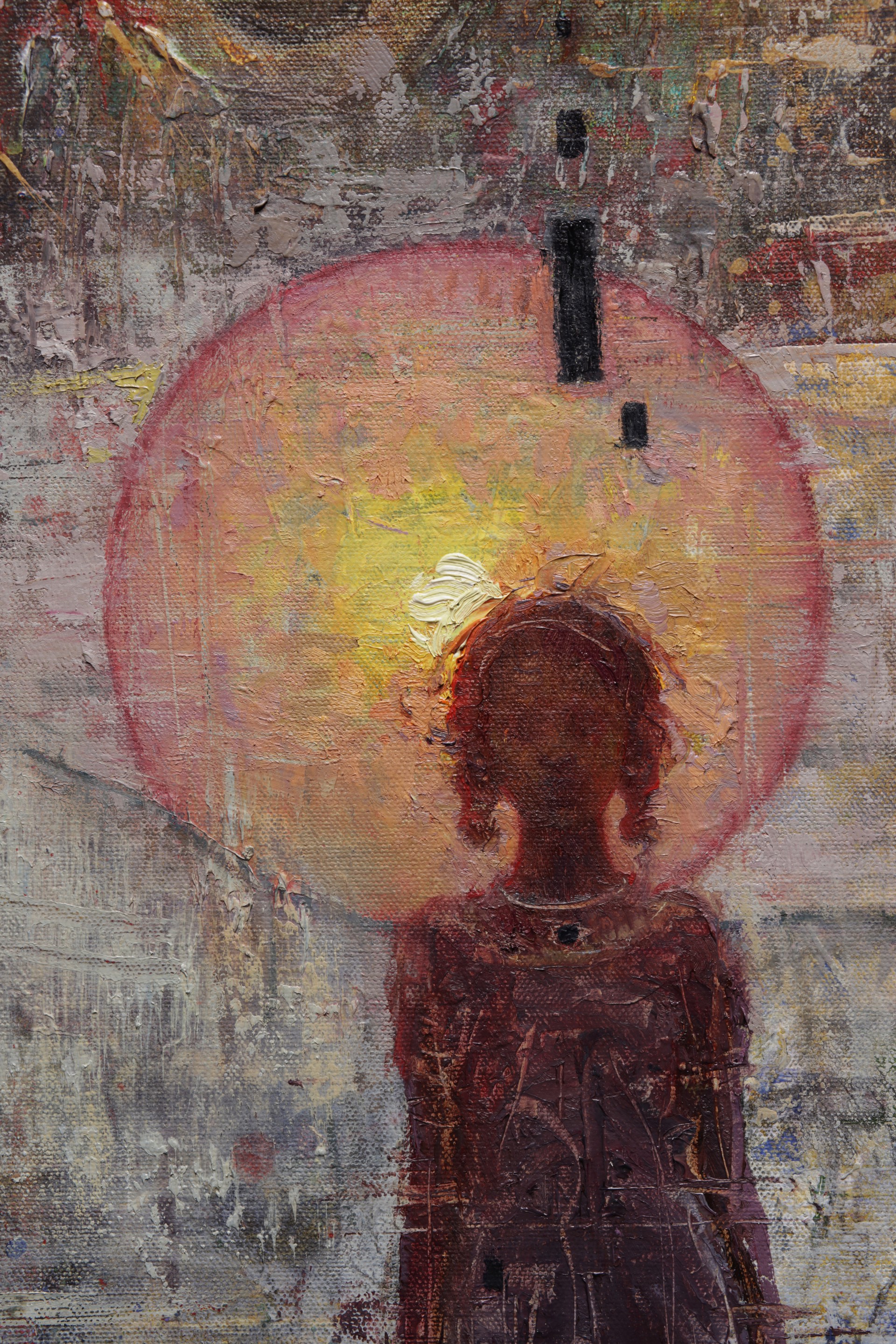 A painting of a person standing in front of a red background.