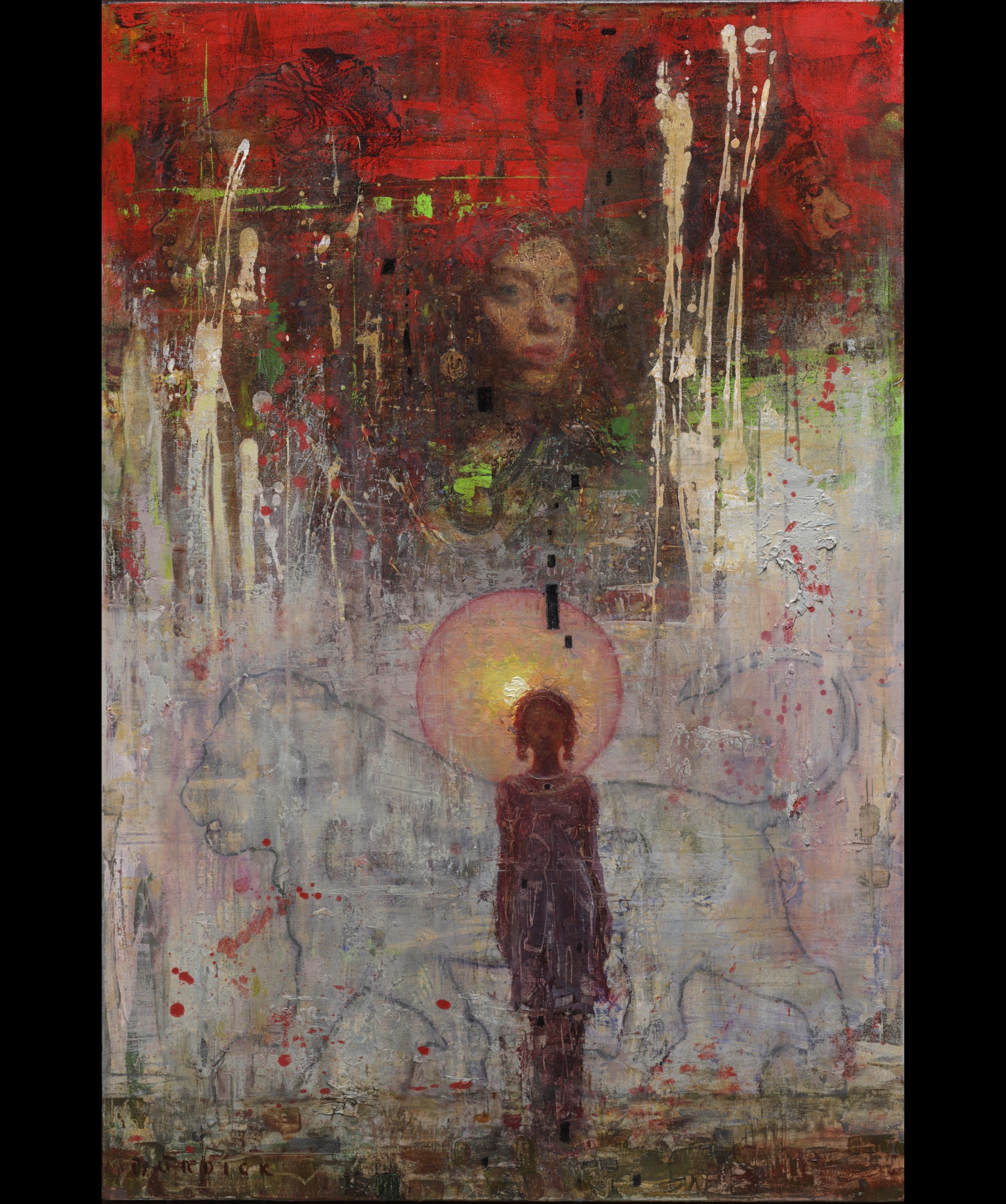 A painting of a person standing in front of a red background.