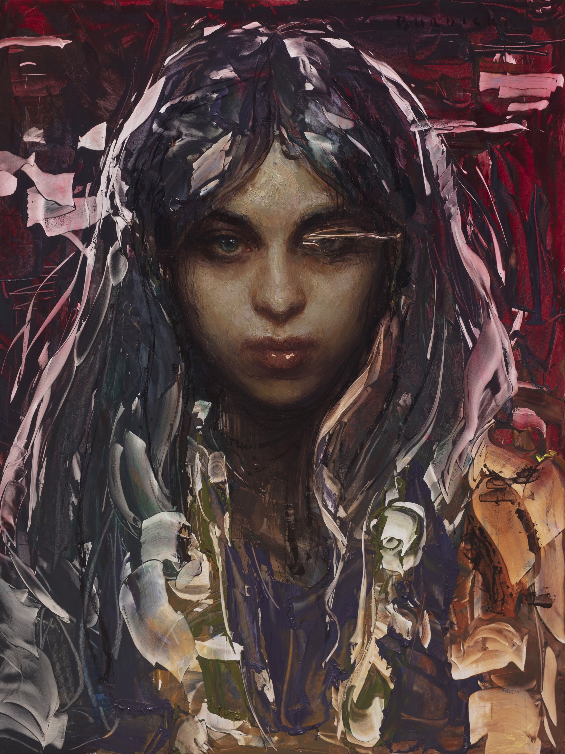 A painting of a woman with long hair and flowers in her hair.