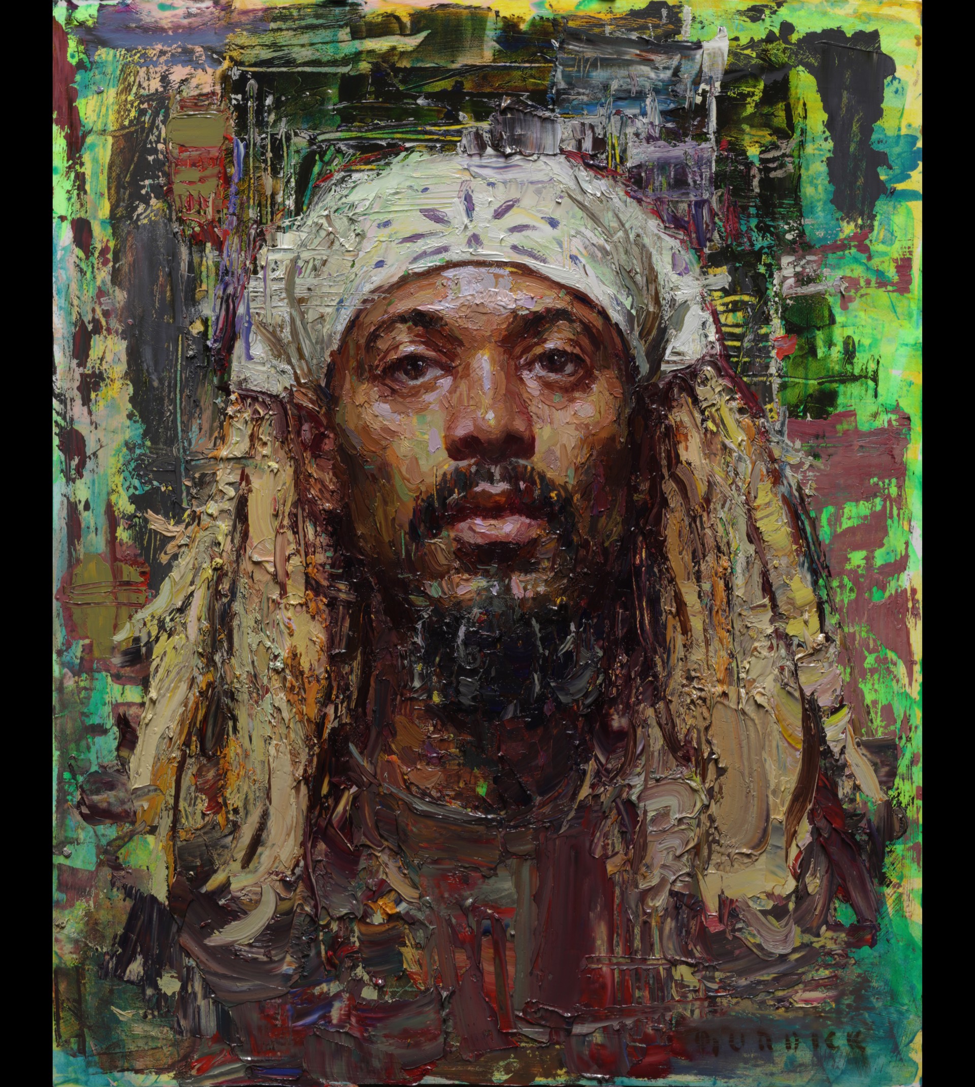 A thickly painted portrait of a figure with dreadlocks and a headwrap against an abstract, textured background.