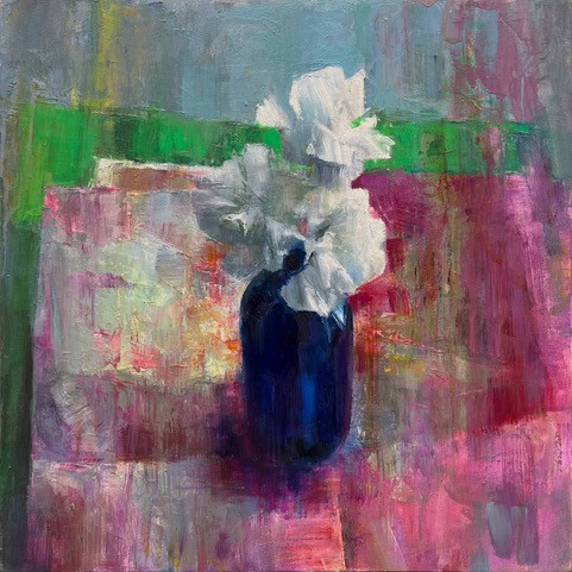 A painting of white flowers in a blue vase on a table.