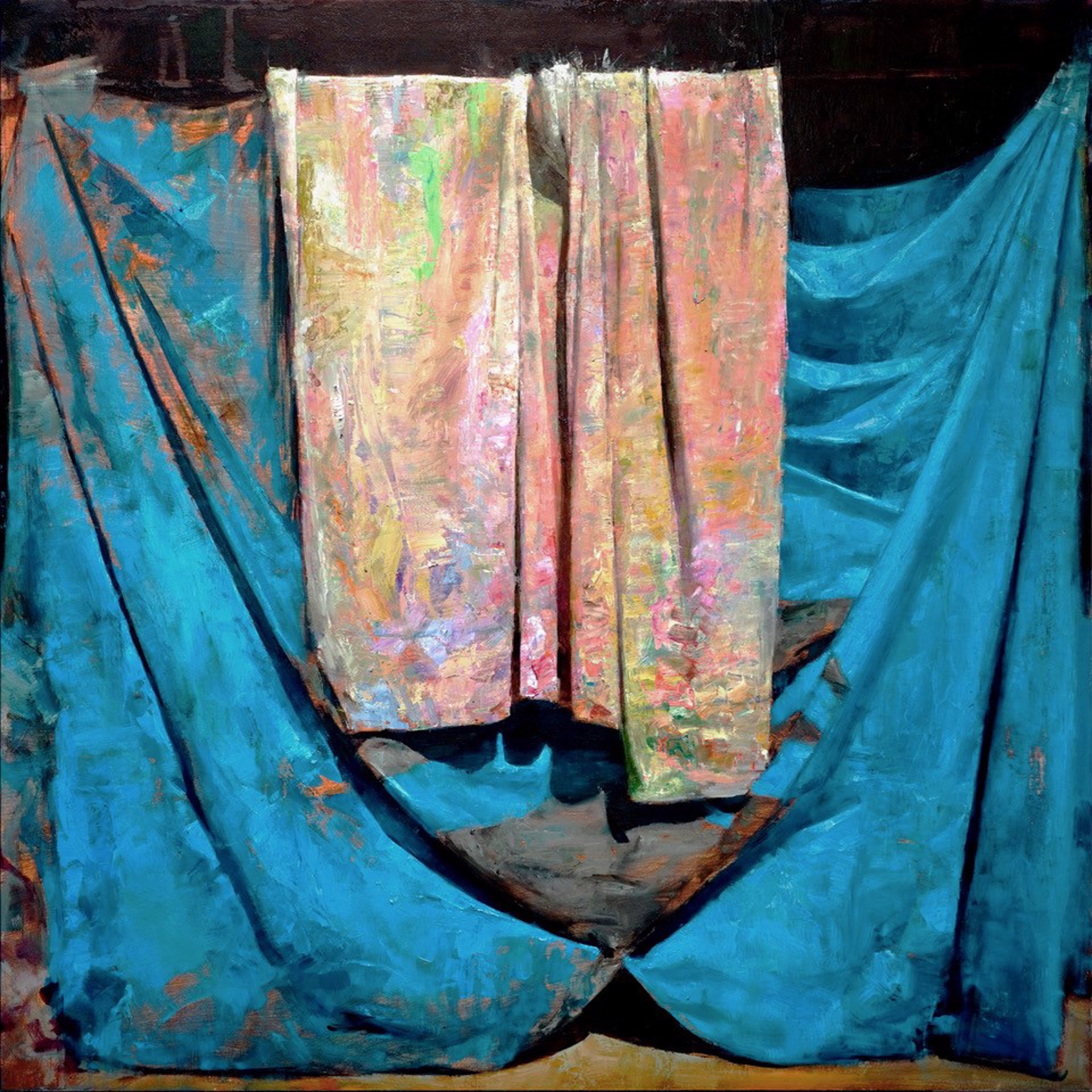 A painting of a blue curtain hanging on a wall.