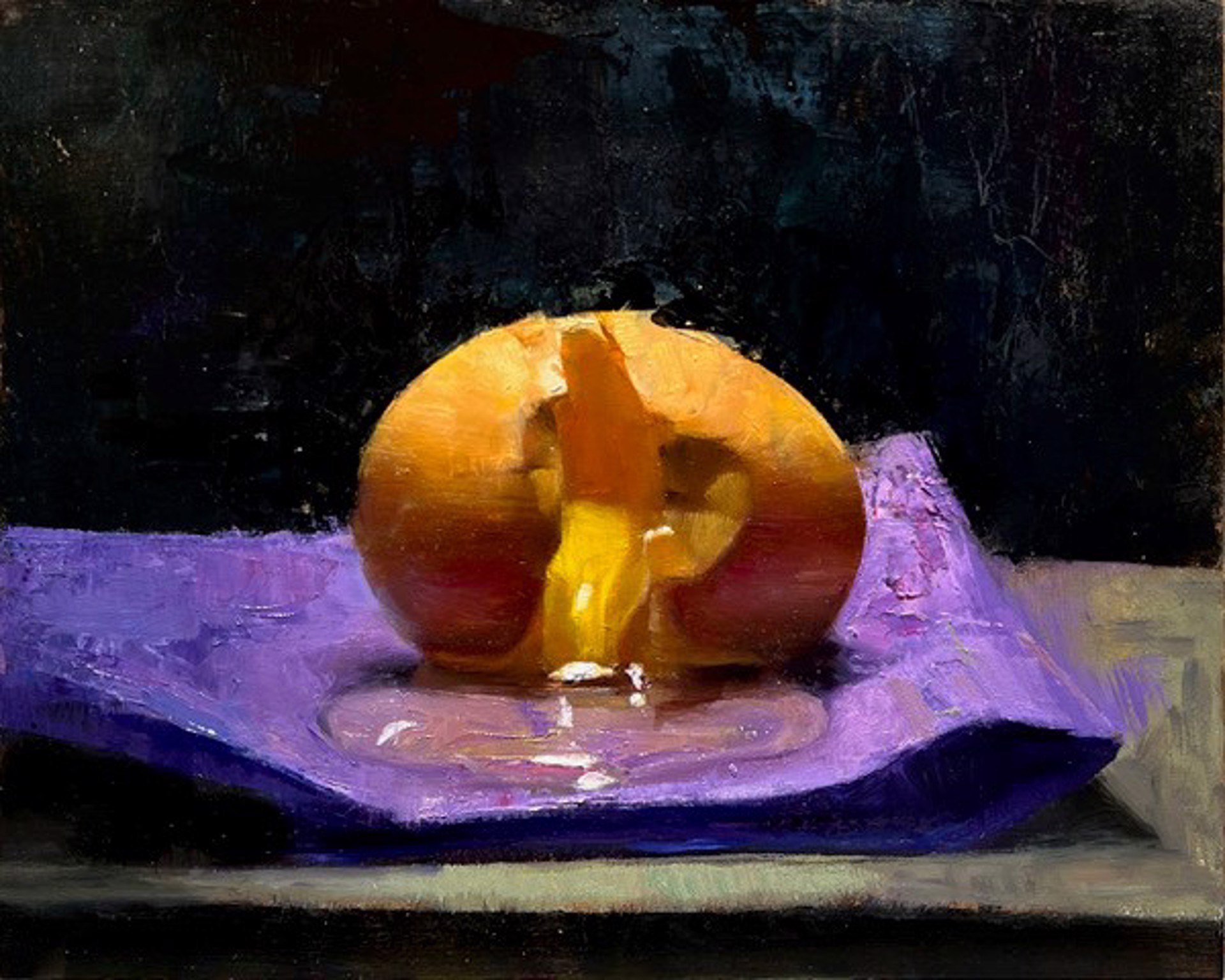A painting of an orange on a purple cloth.