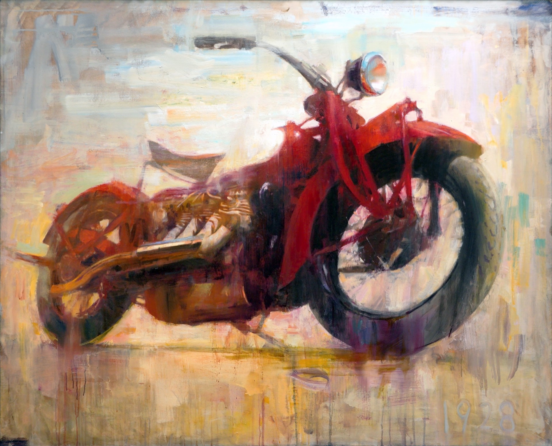 A vibrant abstract painting of a red motorcycle with bold brushstrokes and warm tones.
