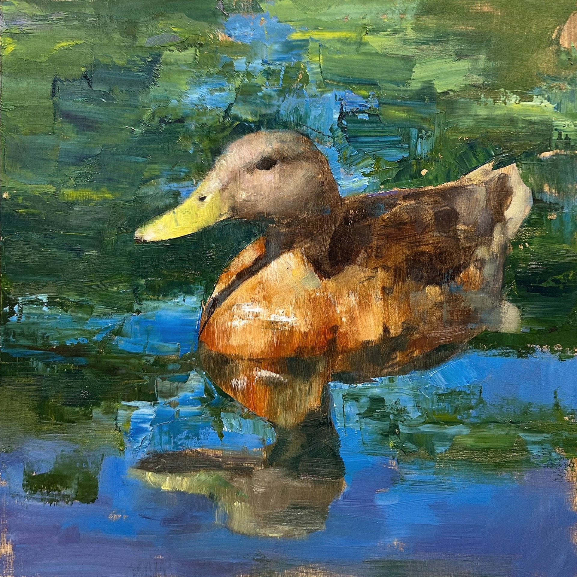 A painting of a duck swimming in a pond.