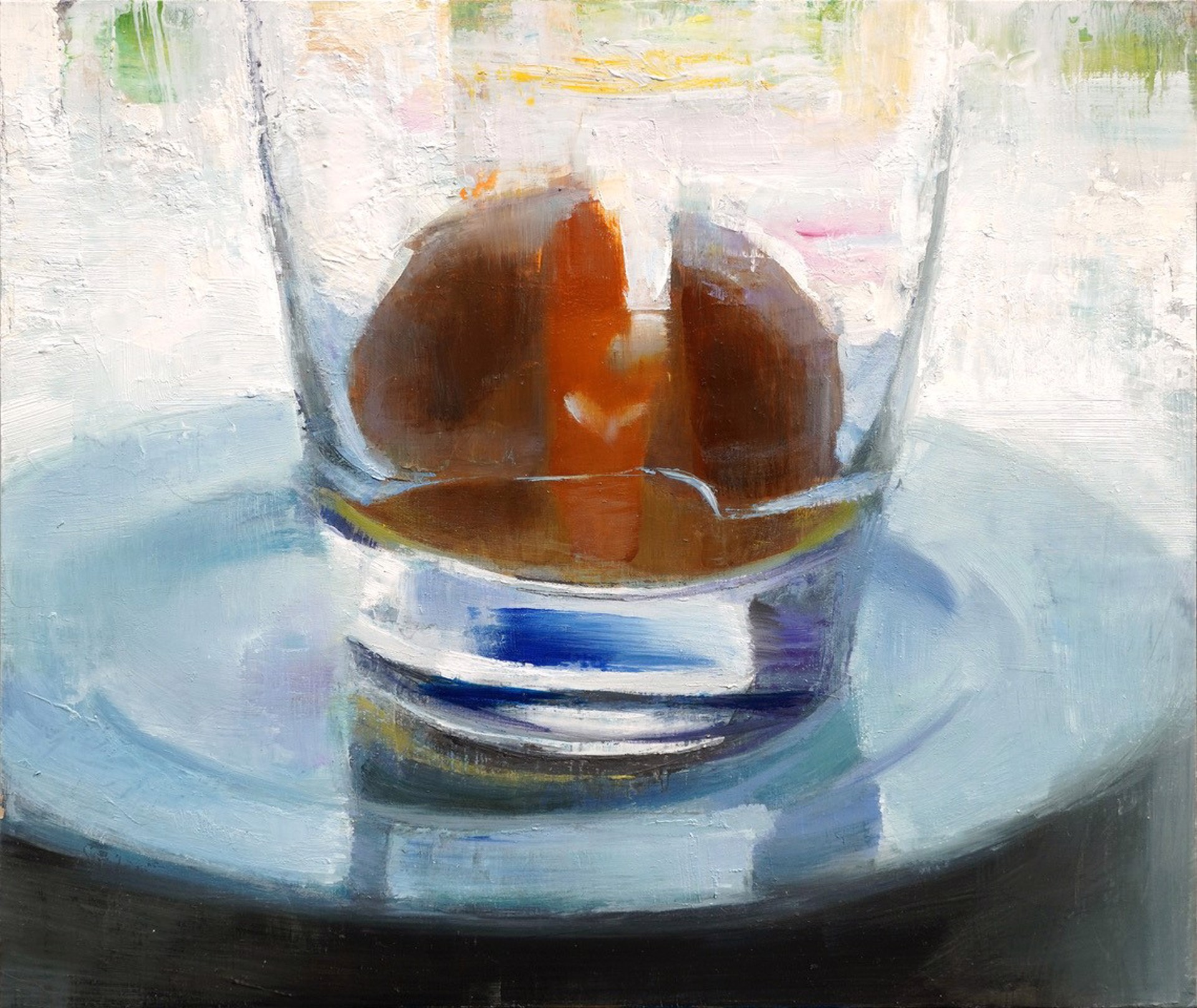 A close-up oil painting of a glass filled with amber liquid and ice cubes, resting on a reflective saucer.