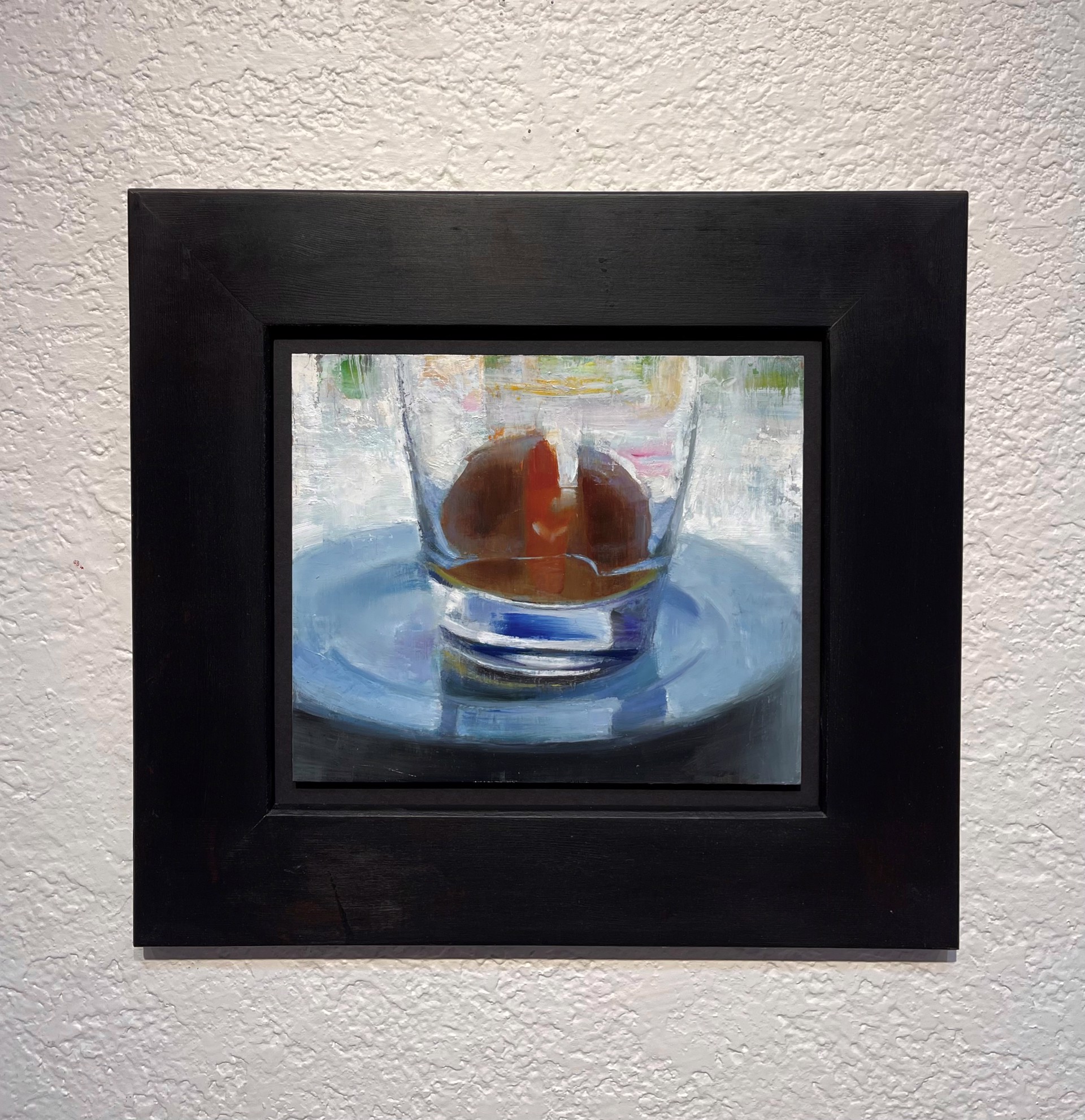 A close-up oil painting of a glass filled with amber liquid and ice cubes, resting on a reflective saucer.