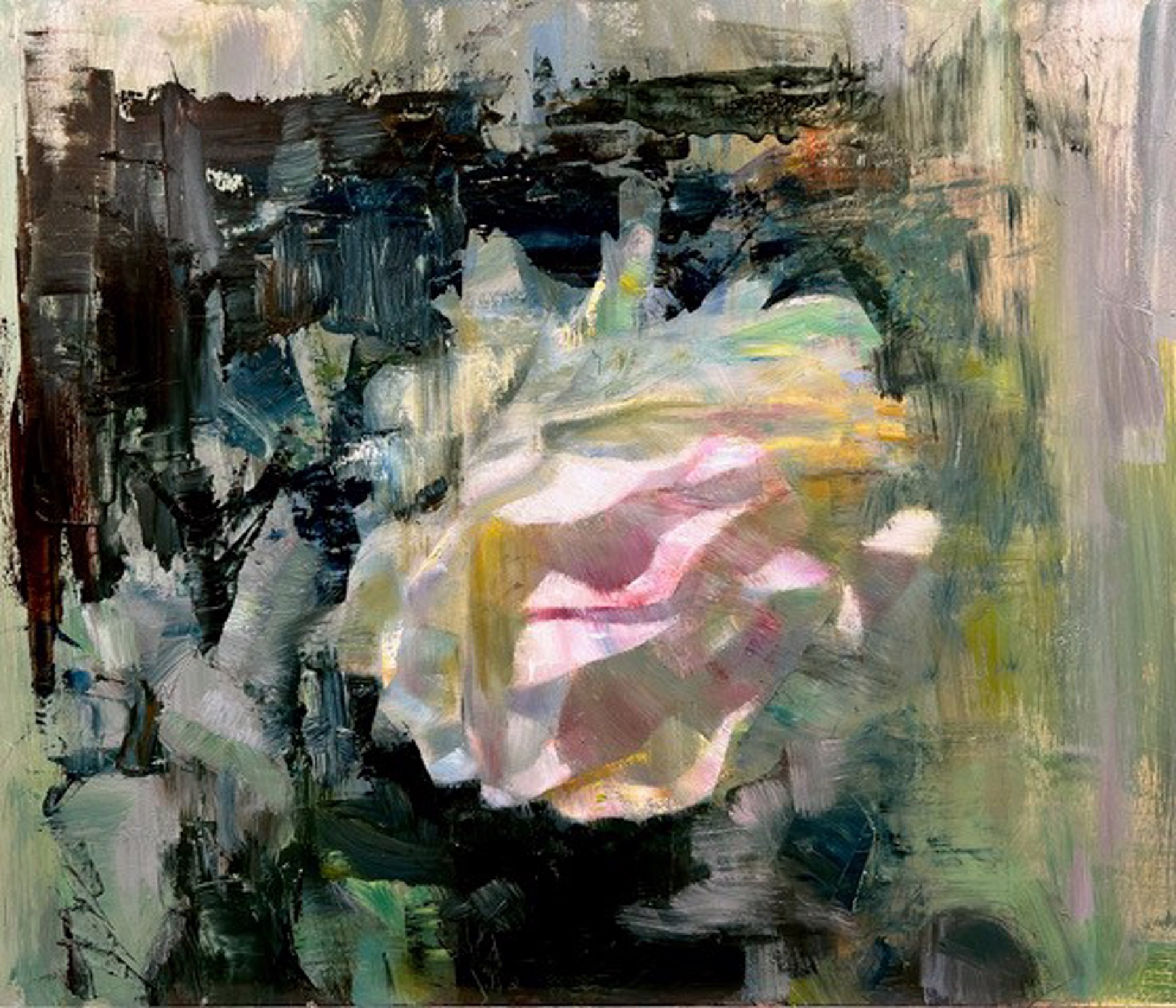 A painting of a white rose on a green background.