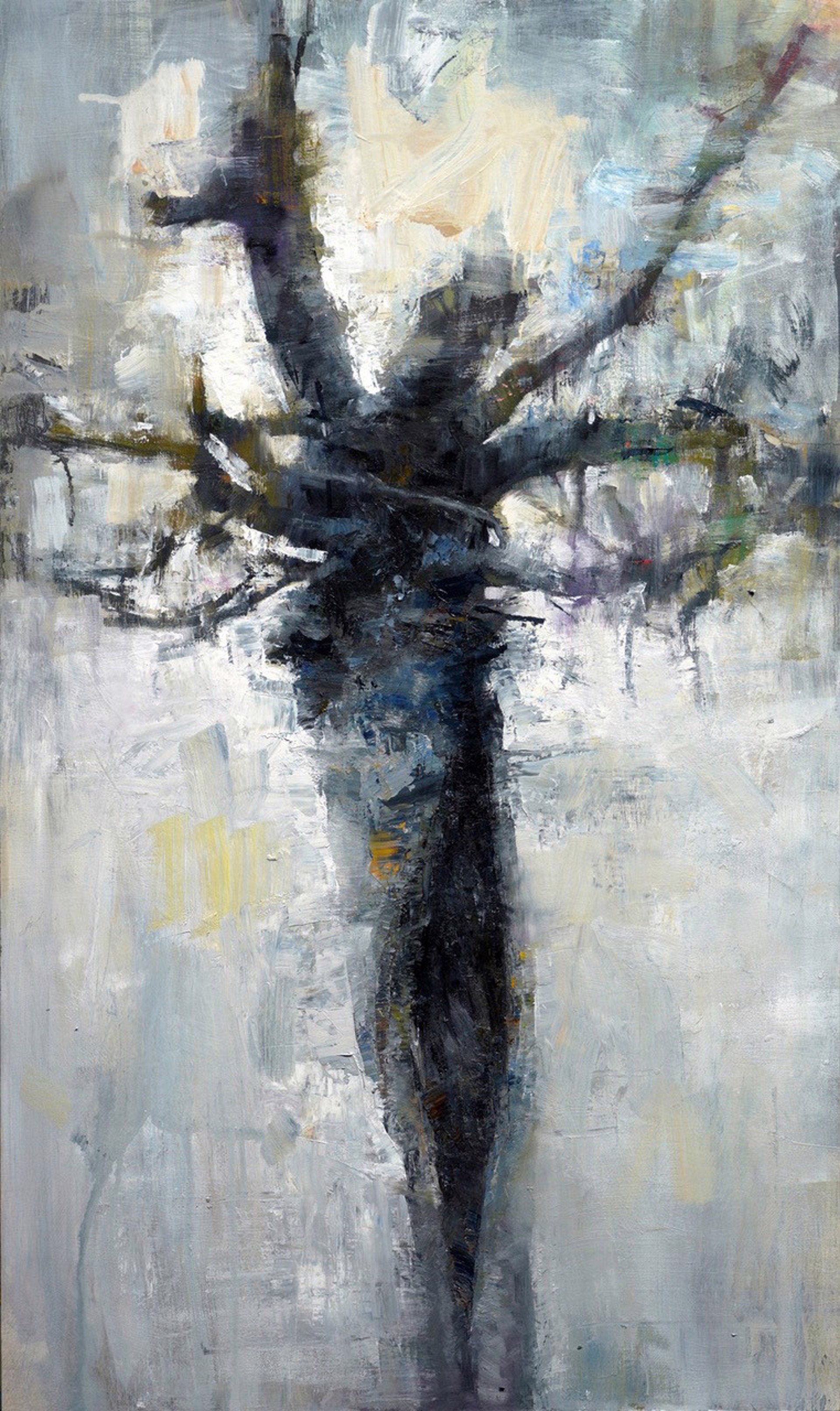 An abstract painting of a dark, tree-like silhouette against a textured, light background.