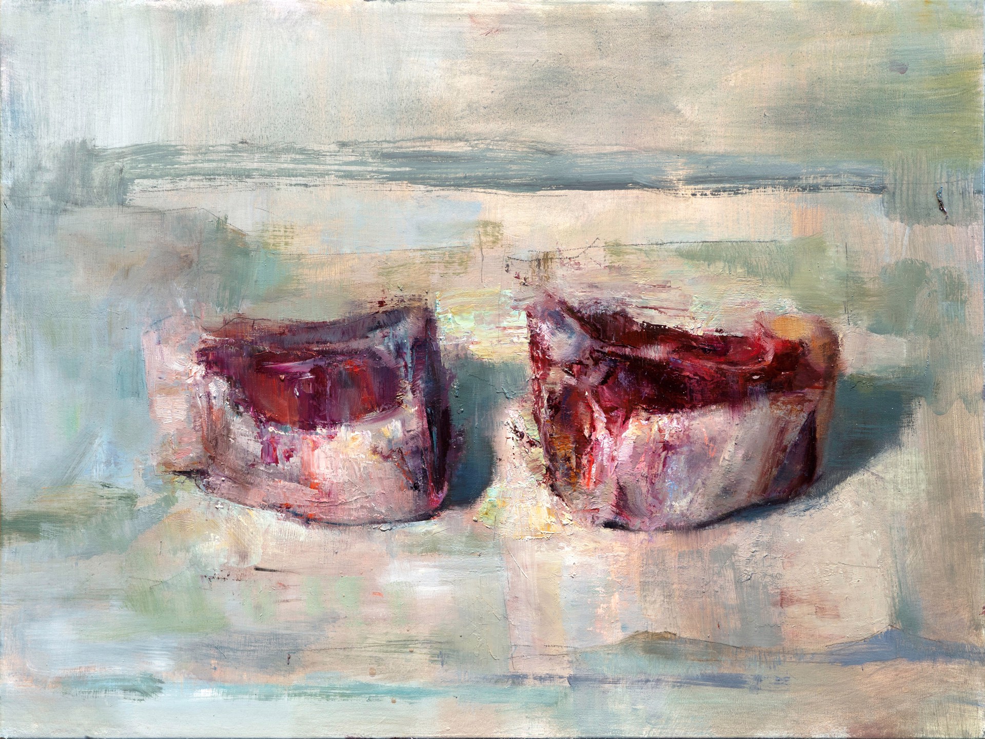 A painting of two red candles on a white surface.