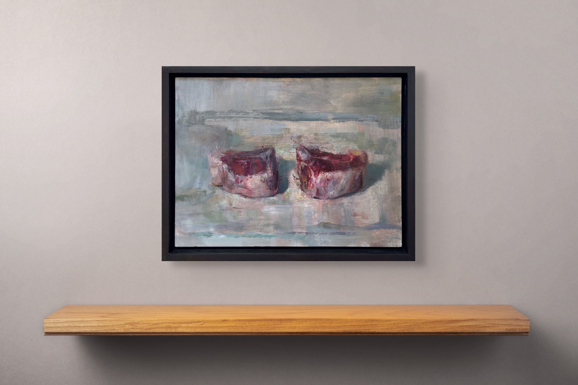 A painting of two red candles on a white surface.