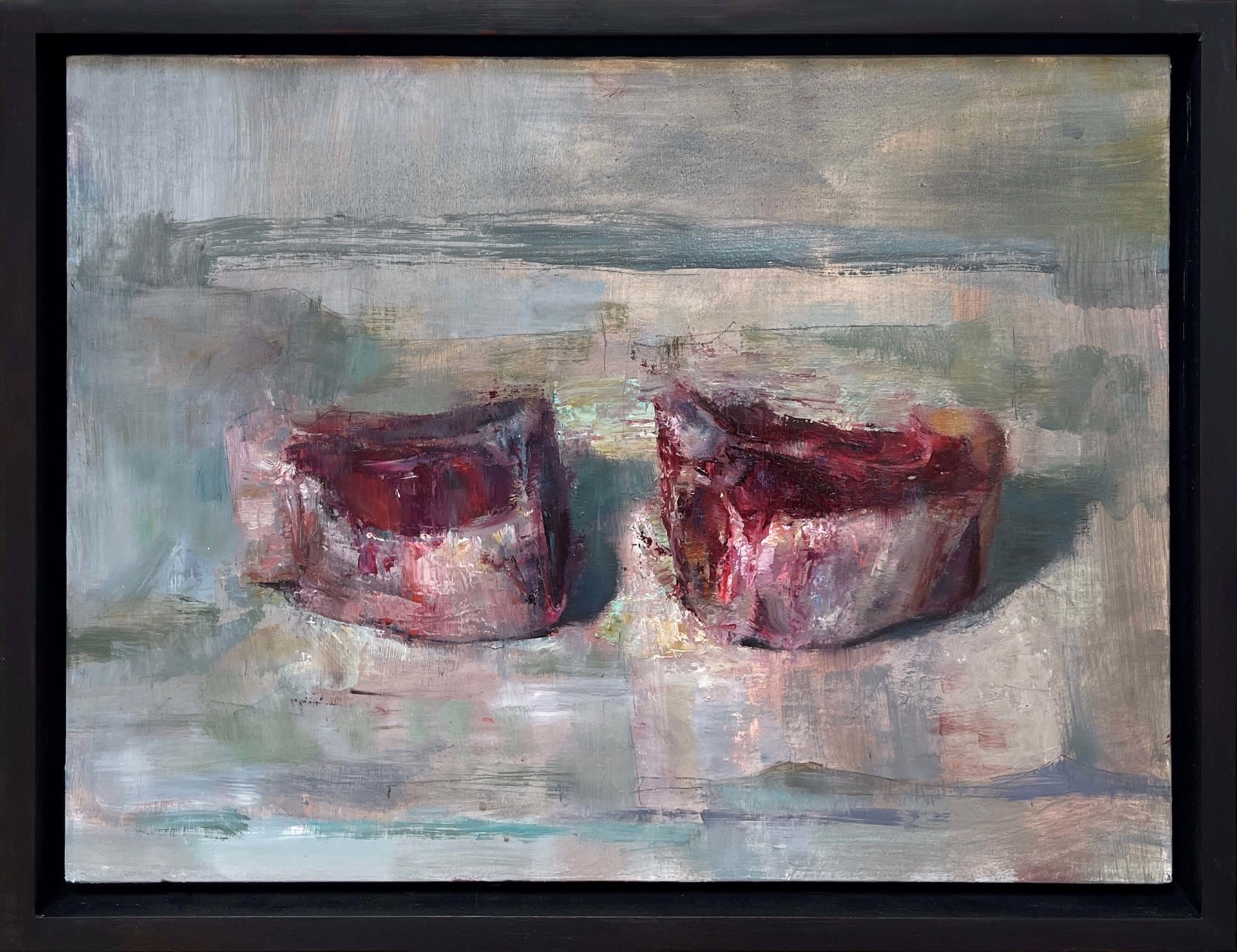 A painting of two red candles on a white surface.