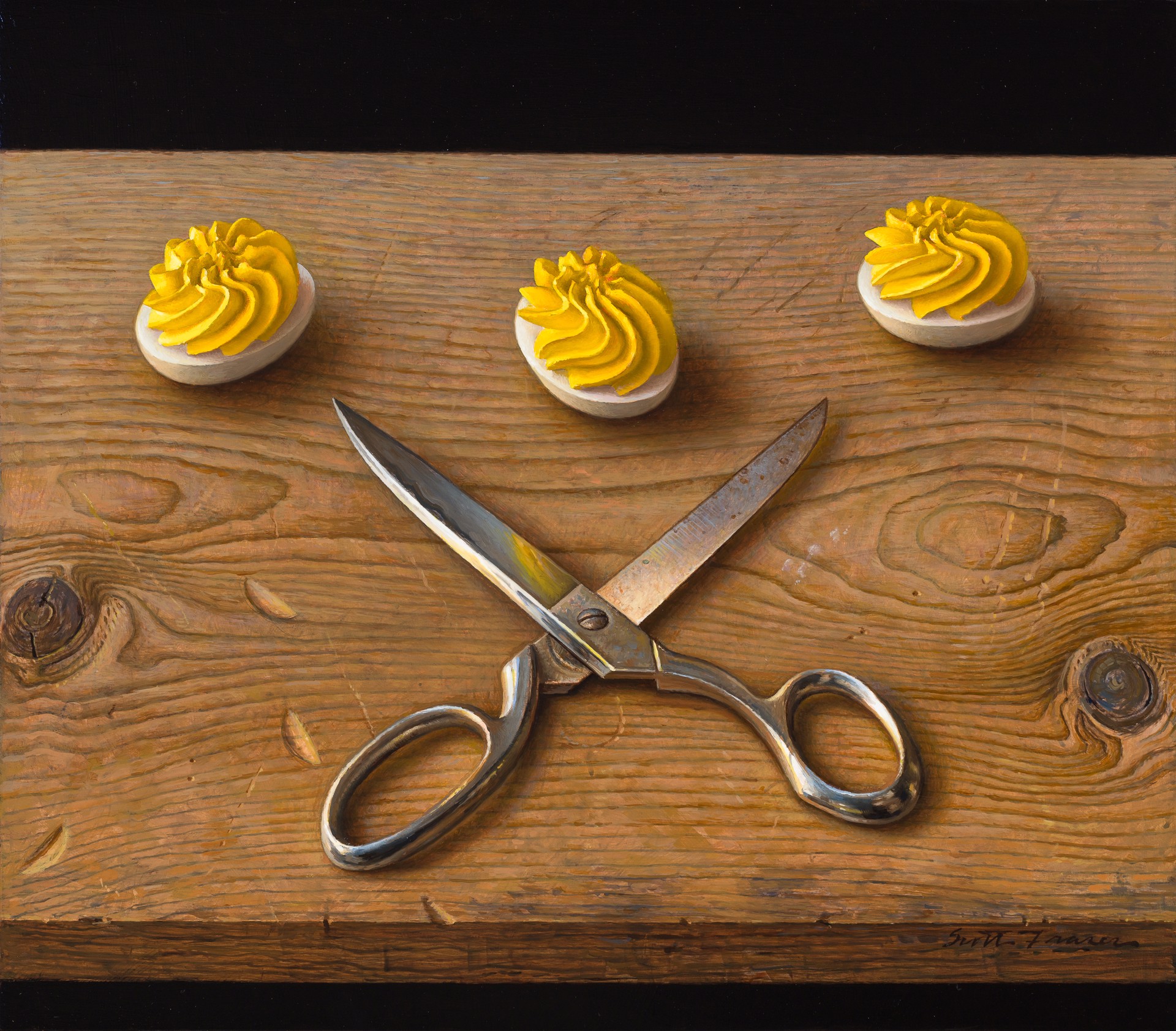 A still life painting featuring crossed silver scissors and three white discs topped with yellow frosting on a wooden surface.