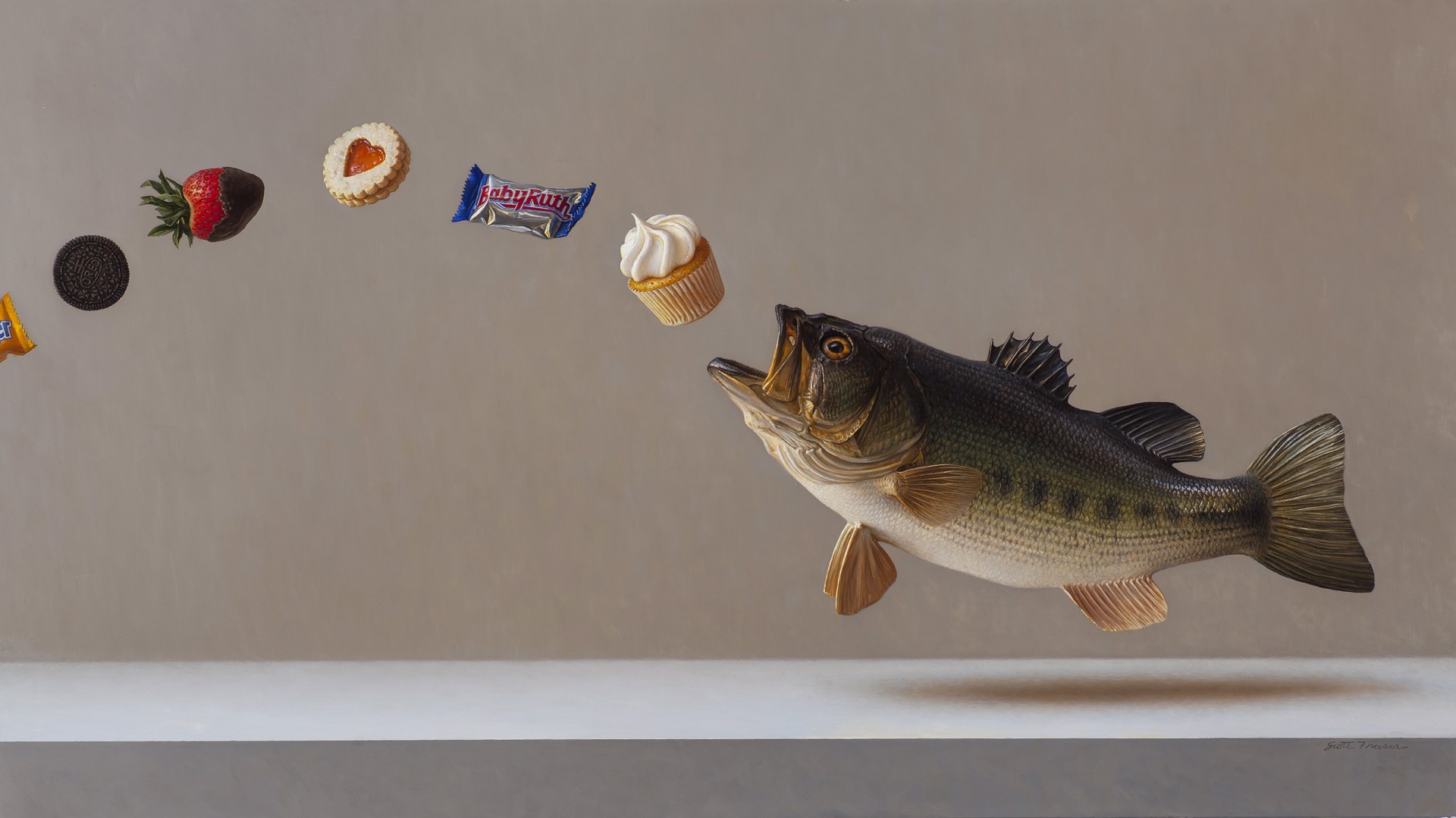 A hyper-realistic painting of a fish mid-air, mouth open to catch a cupcake, with a trail of floating sweets behind it.