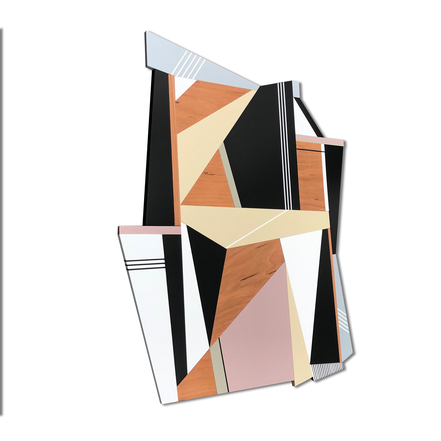 A geometric abstract composition featuring layered wooden and painted panels in a dynamic, fragmented arrangement.