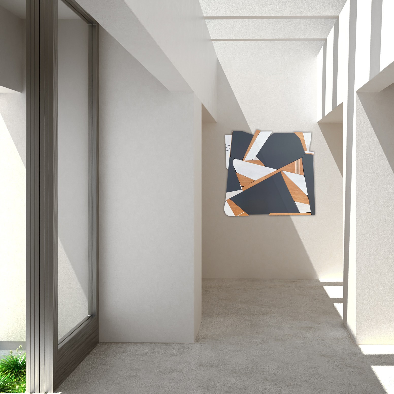 A modern geometric tabletop featuring a mosaic of dark gray, white, and light wood panels arranged in an abstract pattern.