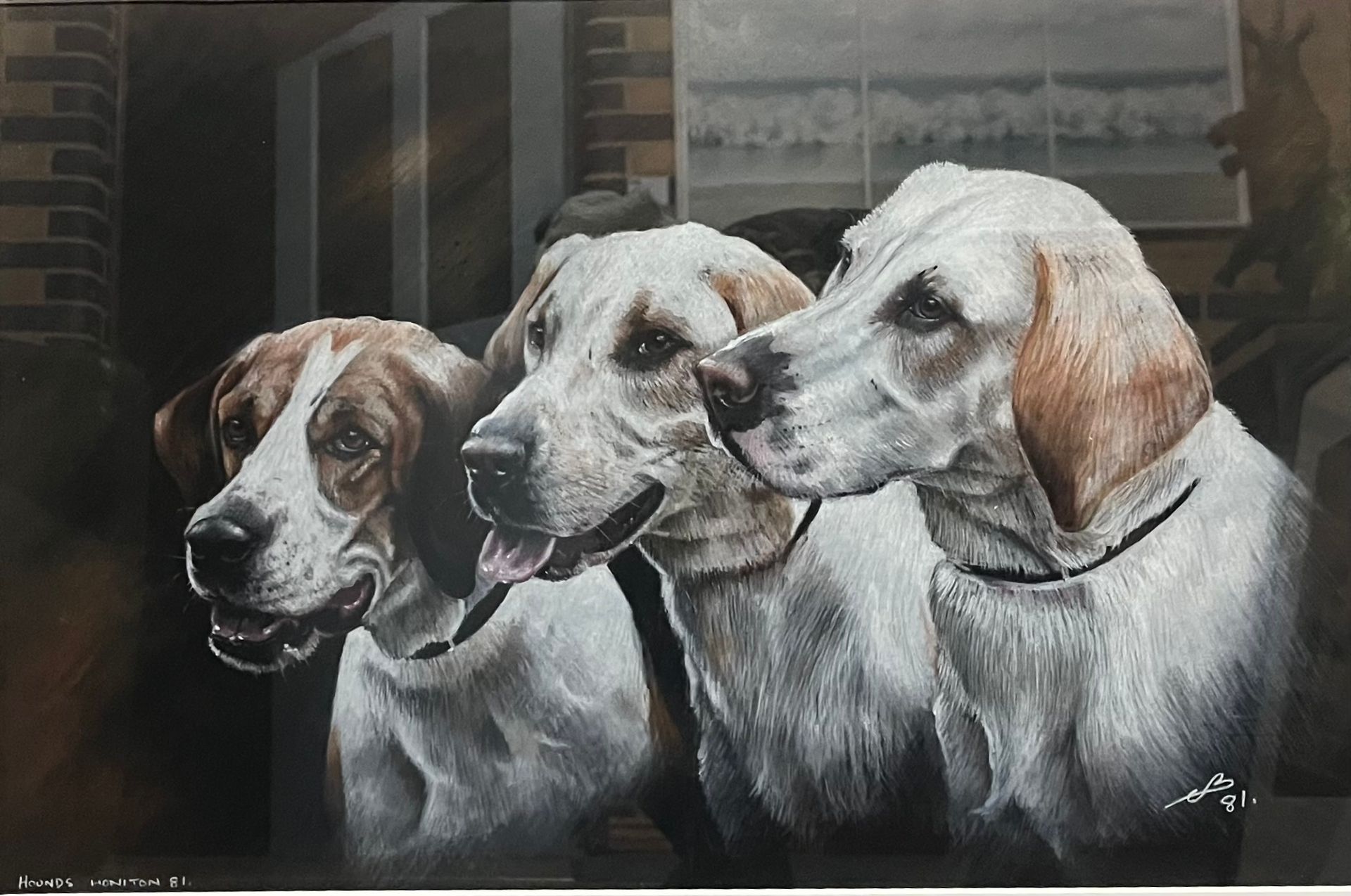 A realistic portrait of three hounds standing side by side.