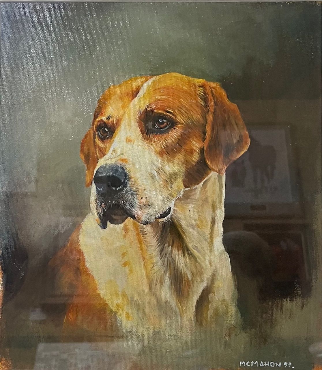 A realistic oil painting of a brown and white dog with a contemplative gaze.