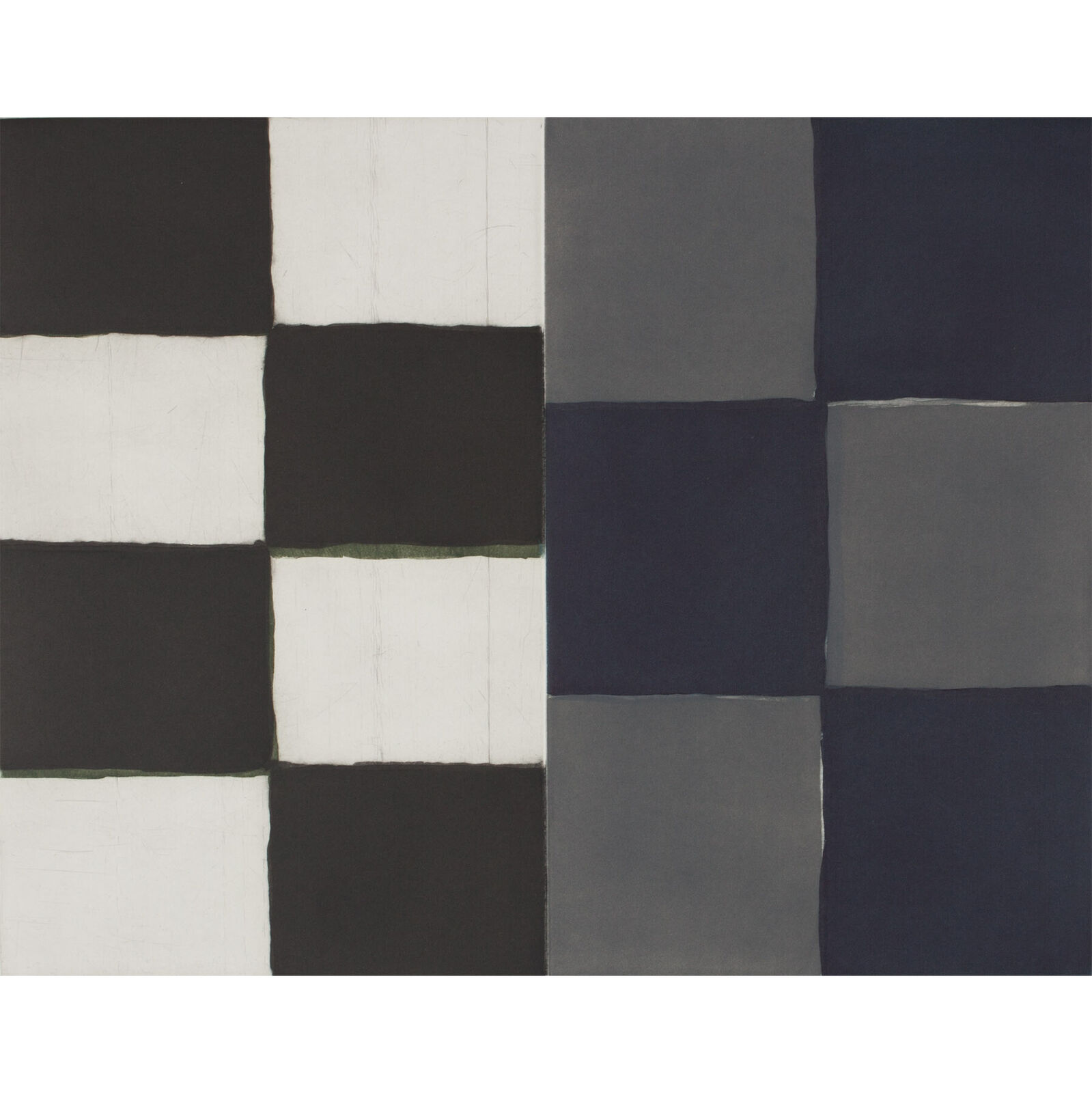 A black and white painting hanging on a wall.