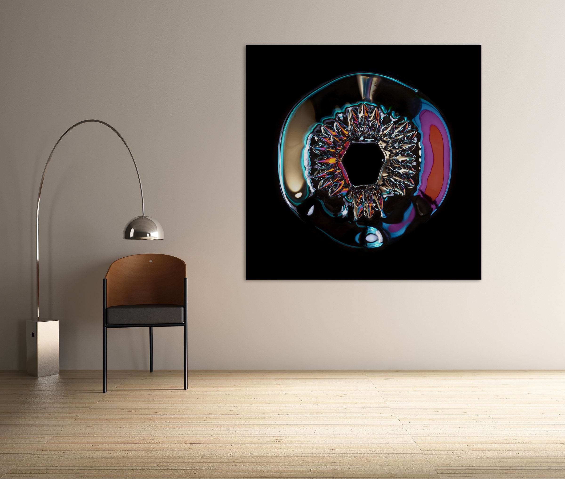 A close up of a colorful object on a black background.