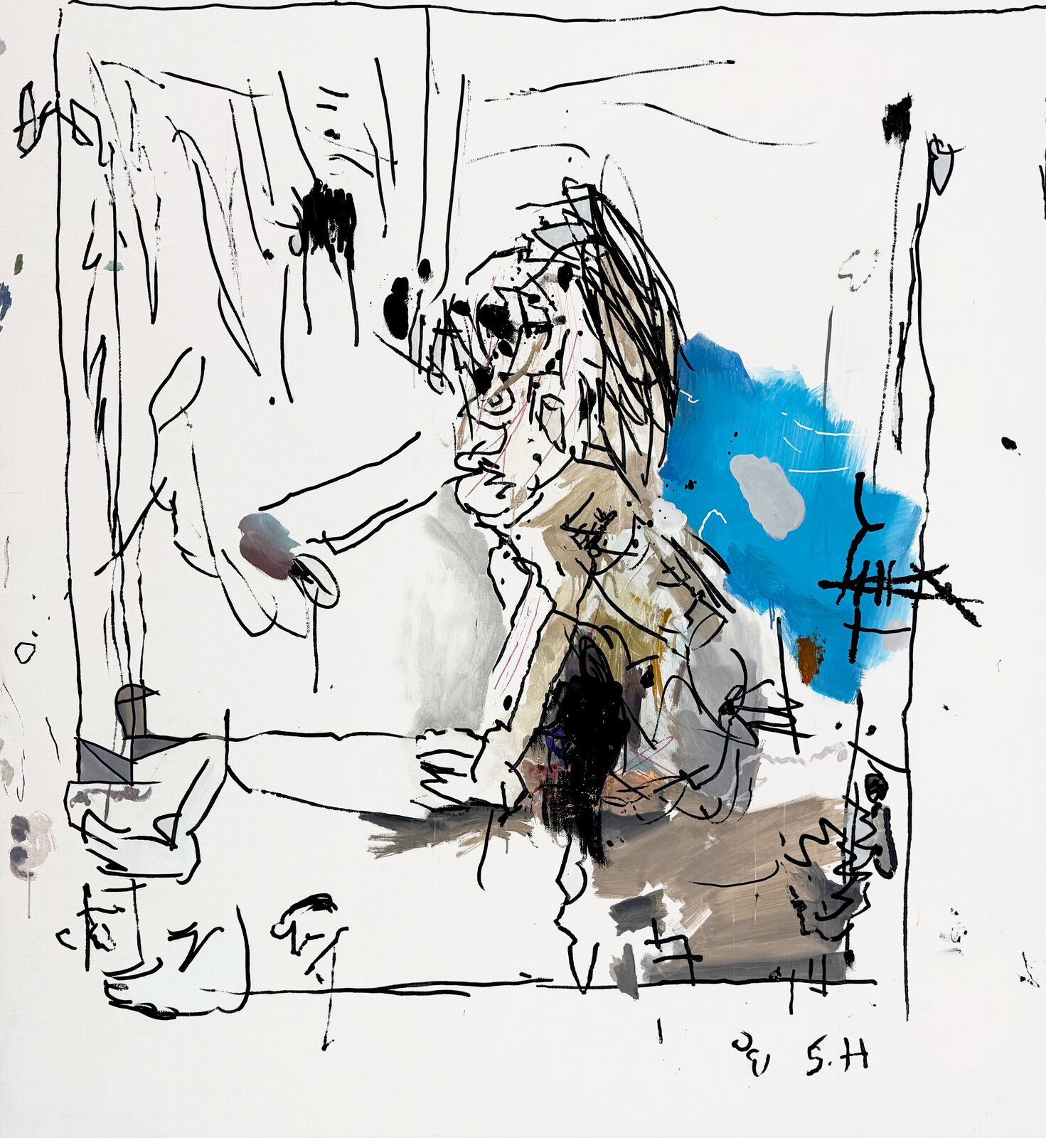 A drawing of a woman sitting in front of a window.