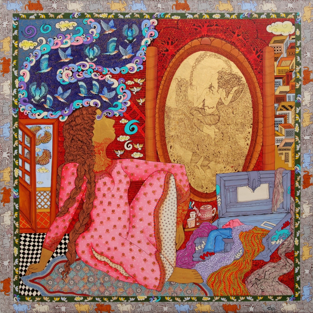 A painting of a woman sitting on a bed in front of a window.