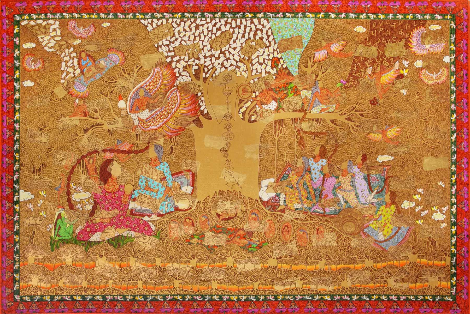 A painting of a group of people sitting under a tree.