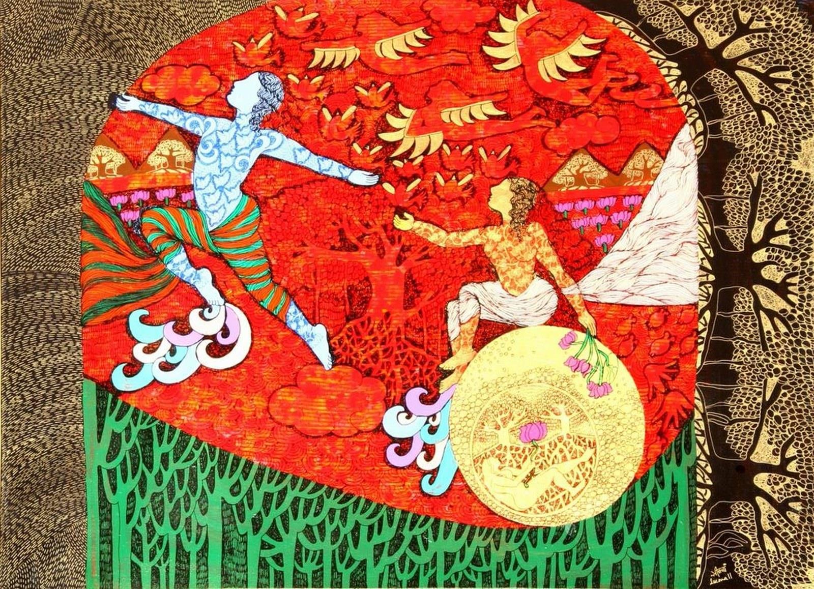 A painting of a man and a woman dancing in the middle of a forest.